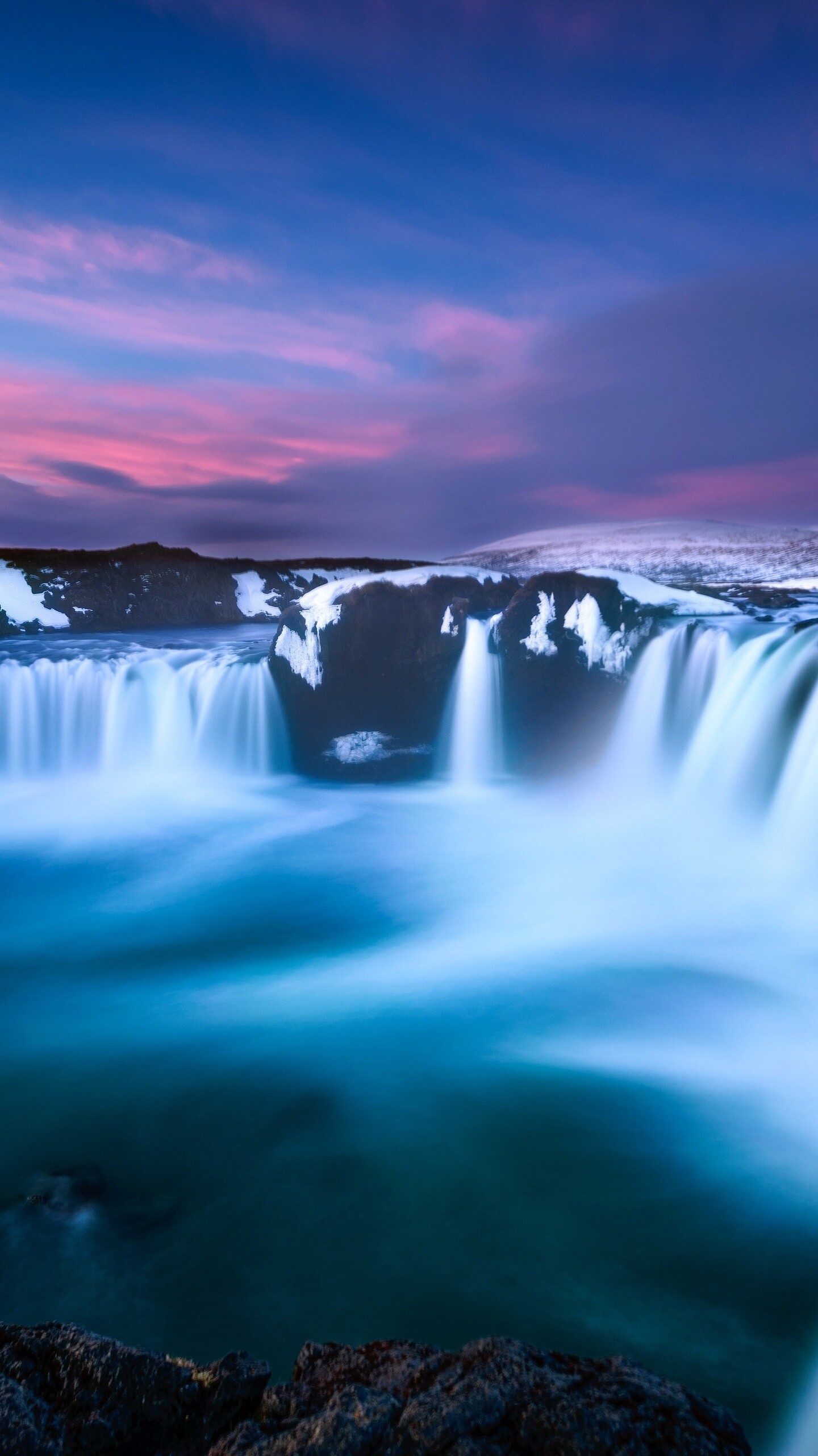 Godafoss waterfall Iceland, Pink sunset clouds, Long-exposure blue water Godafoss waterfall Iceland, Pink sunset clouds, Long-exposure blue water — 1440×2560 HD wallpaper
