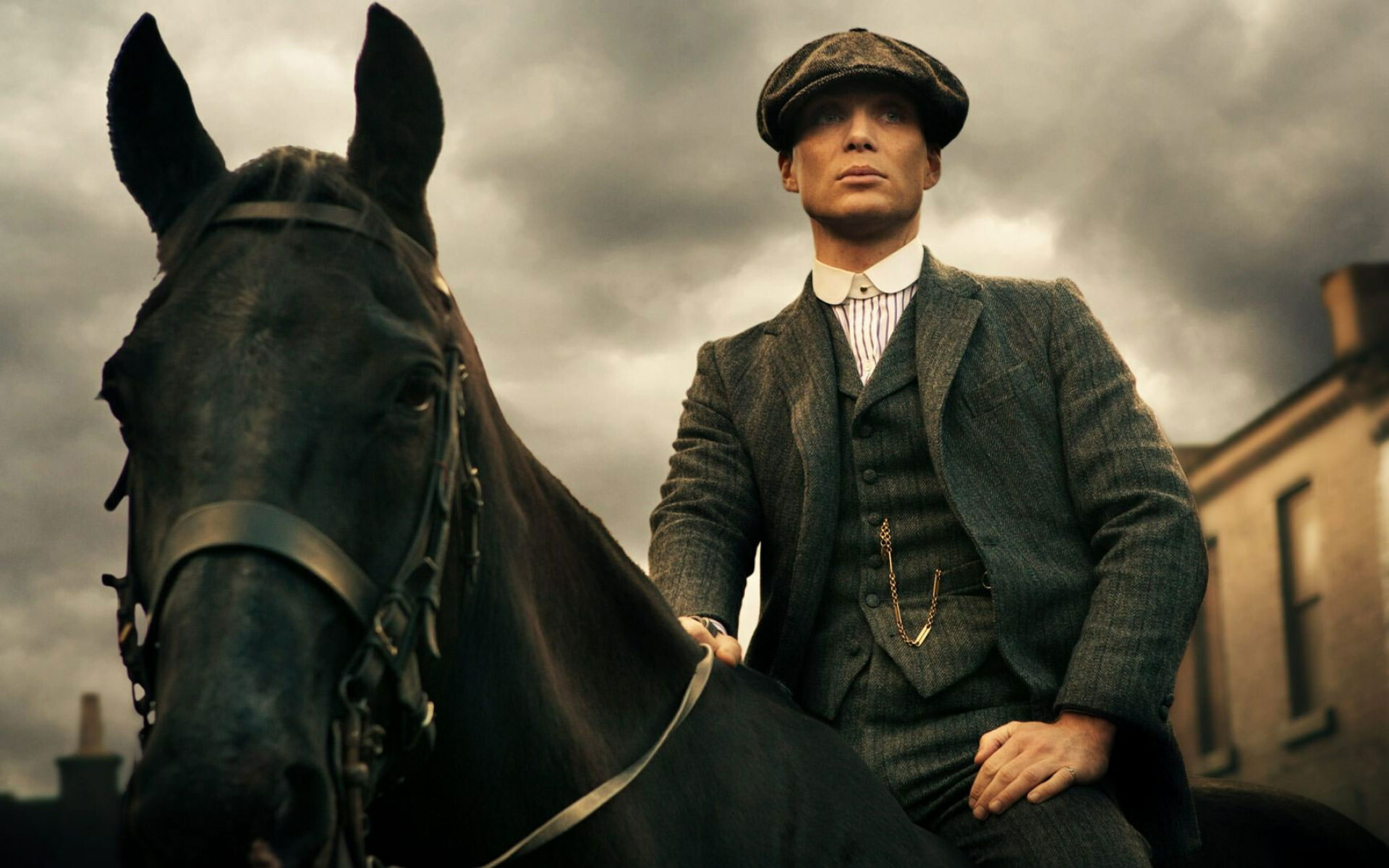 Thomas Shelby (Cillian Murphy), Peaky Blinders, Tweed three-piece suit, Black horse, Stormy overcast sky Thomas Shelby (Cillian Murphy), Peaky Blinders, Tweed three-piece suit, Black horse, Stormy overcast sky — 1920×1200 HD wallpaper