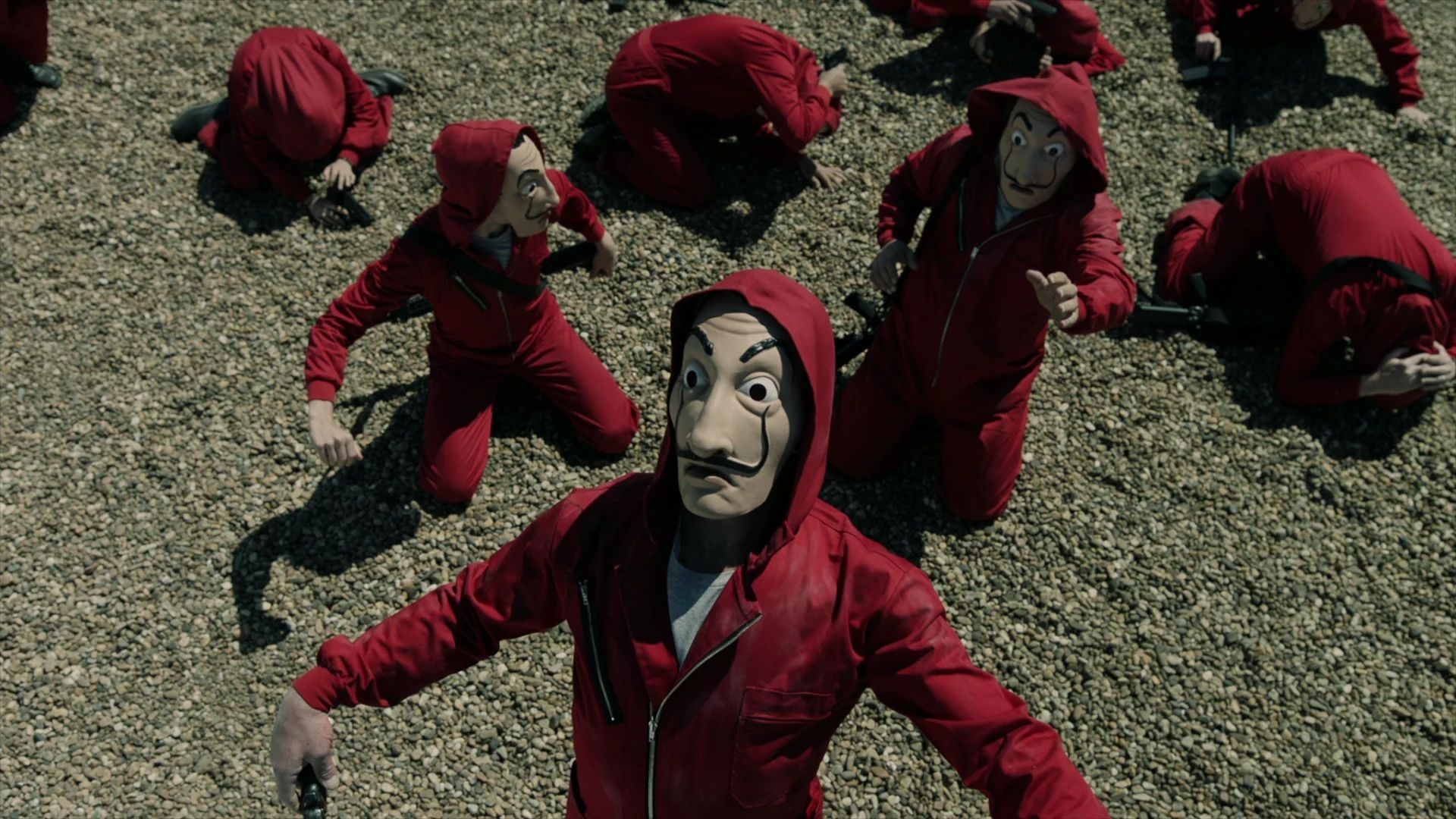Salvador Dali mask robbers, Red jumpsuits, Aerial rooftop gravel Salvador Dali mask robbers, Red jumpsuits, Aerial rooftop gravel — 1920×1080 HD wallpaper