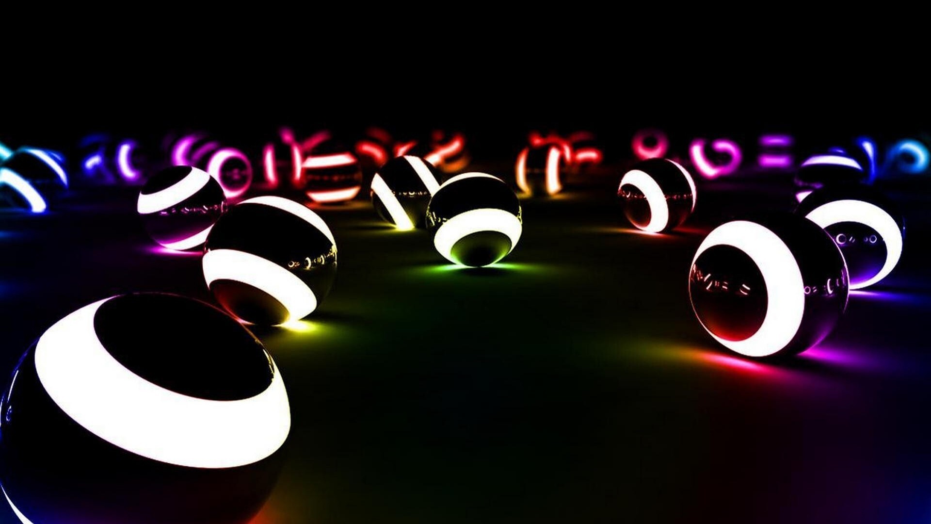 Glowing 3D spheres, Multicolor neon light, Dark reflective floor Glowing 3D spheres, Multicolor neon light, Dark reflective floor — 1920×1080 HD wallpaper