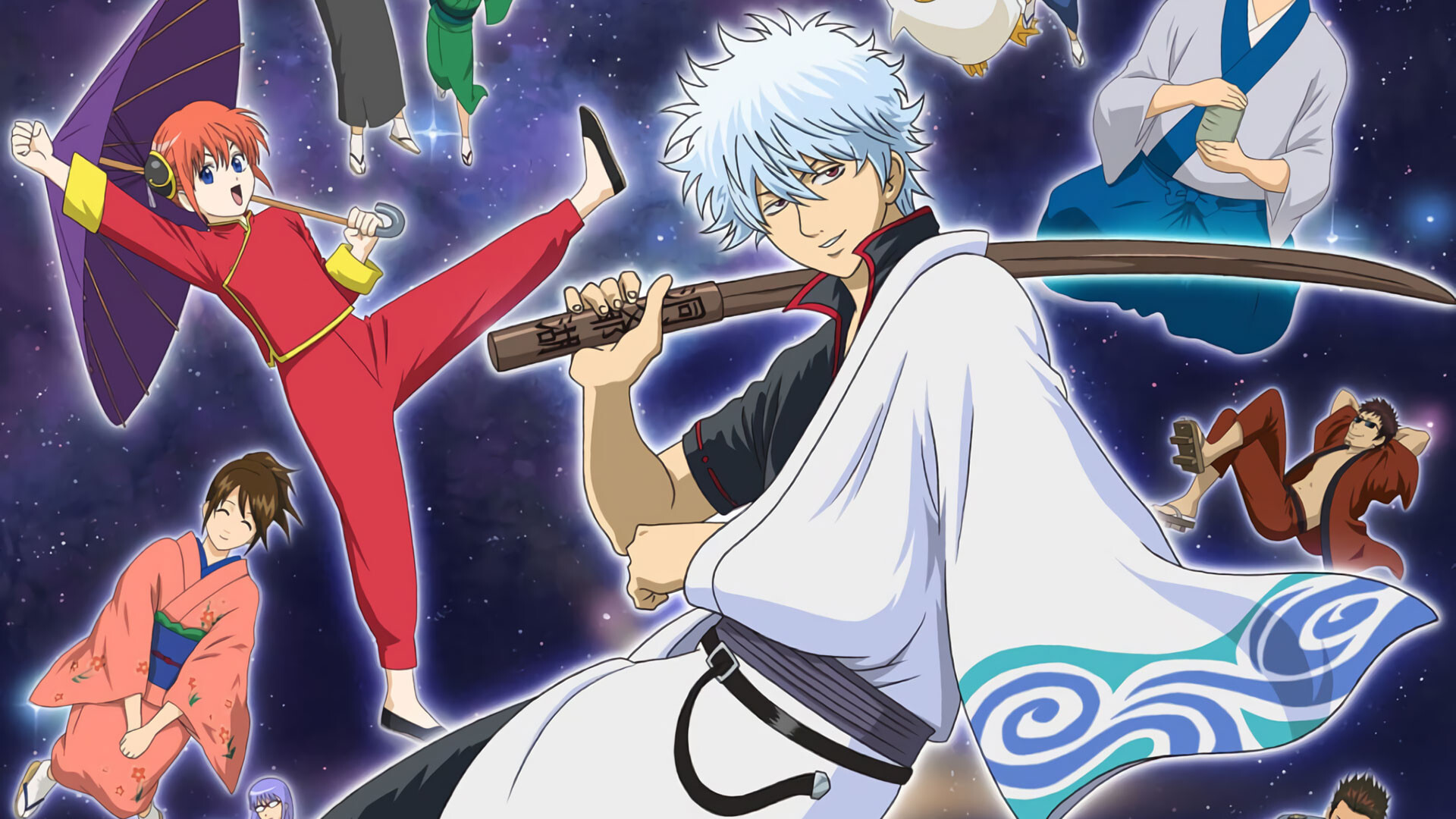 Gintoki Sakata, Kagura with umbrella, Elizabeth, Gintama character montage Gintoki Sakata, Kagura with umbrella, Elizabeth, Gintama character montage — 1920×1080 HD wallpaper