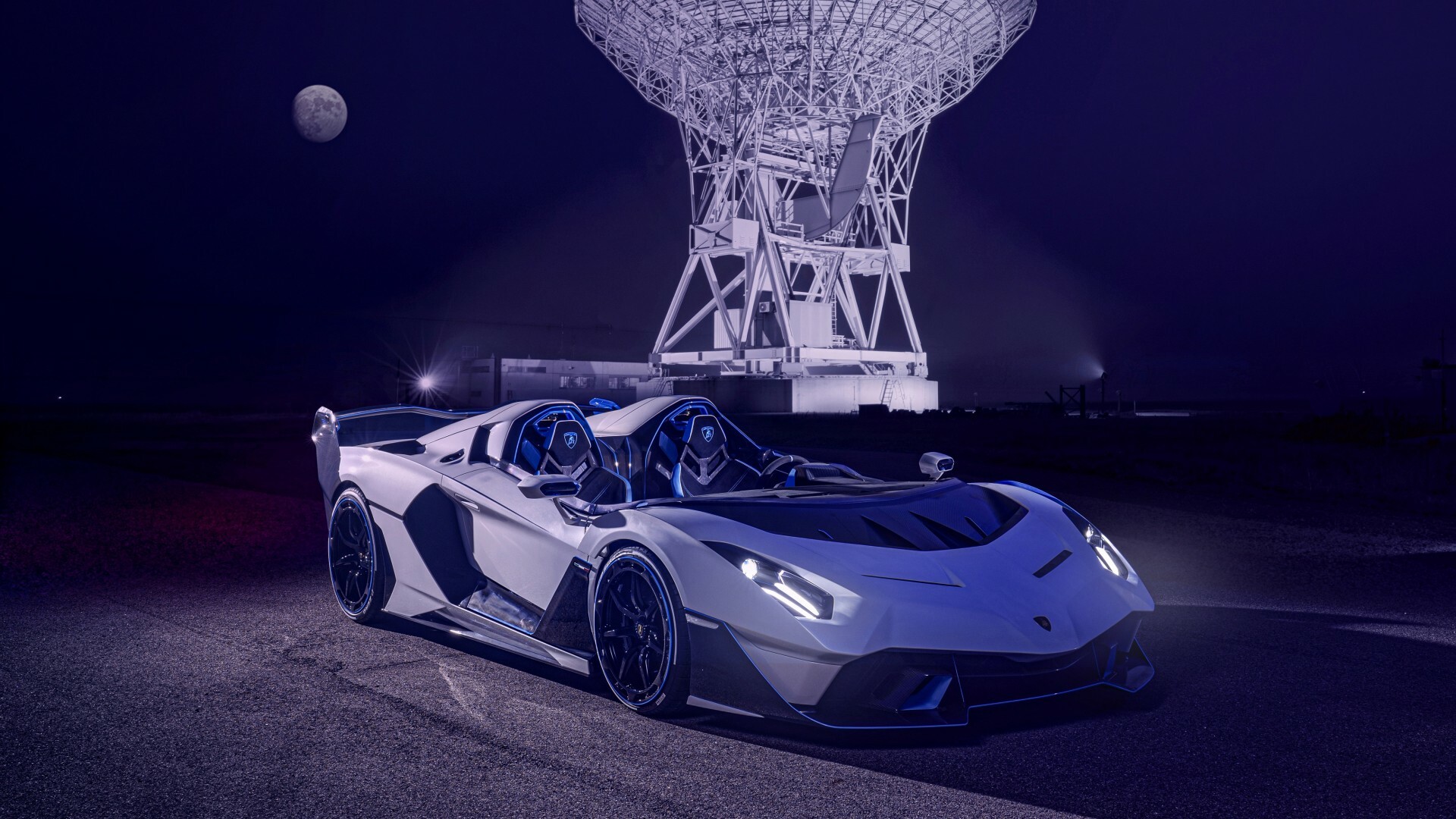 Lamborghini SC20 speedster, White open-top one-off, Radio telescope at night Lamborghini SC20 speedster, White open-top one-off, Radio telescope at night — 1920×1080 HD wallpaper