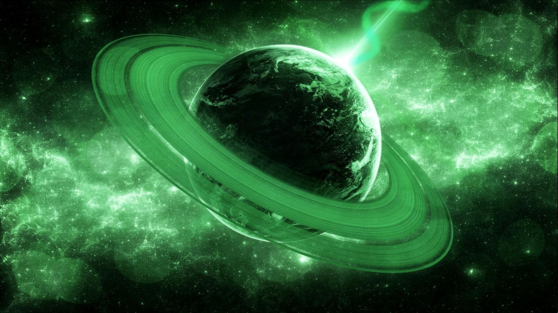 Green ringed planet, Glowing energy beam, Starry green nebula Green ringed planet, Glowing energy beam, Starry green nebula — 1920×1080 HD wallpaper