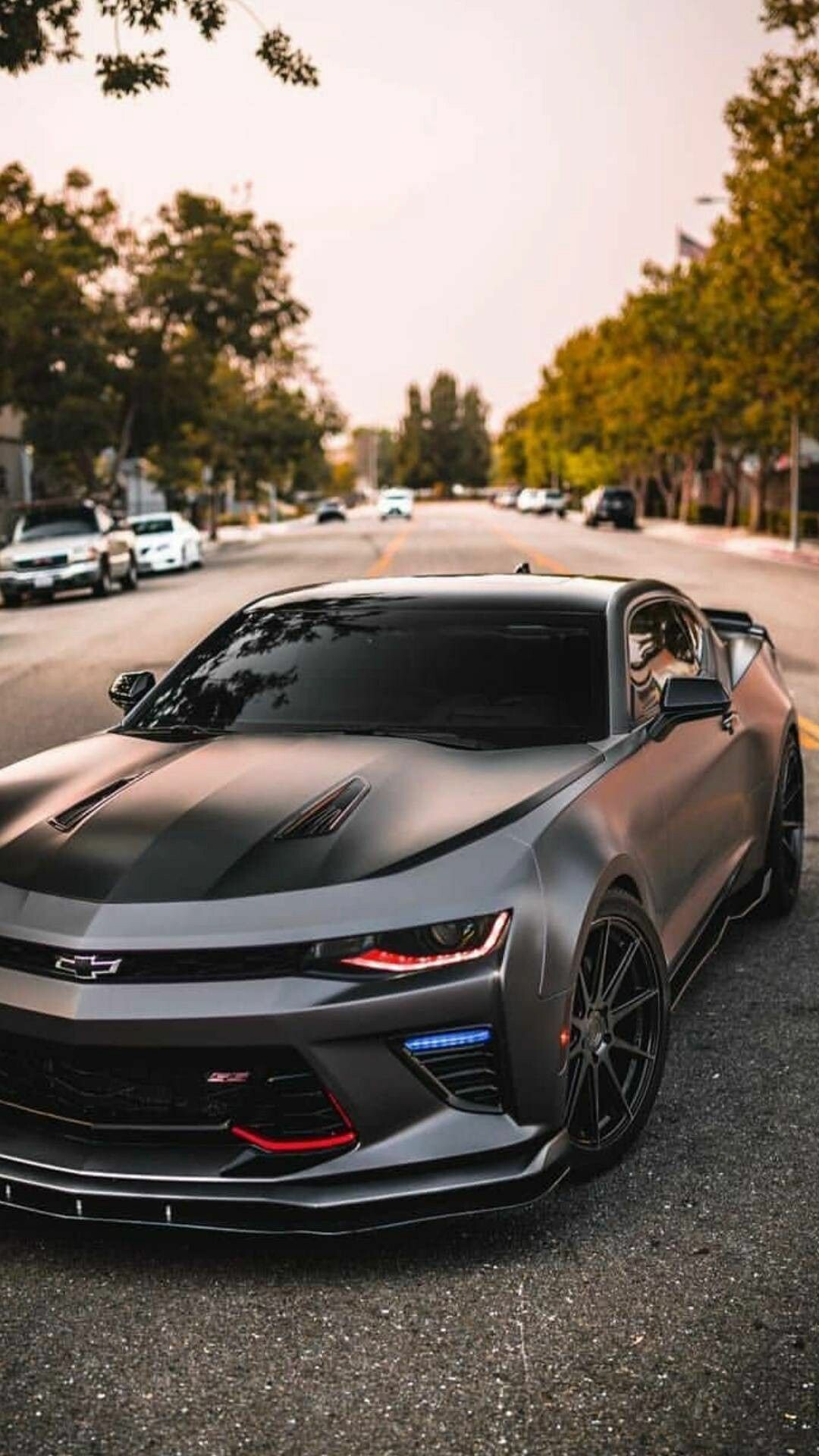 Chevrolet Camaro SS, Matte black muscle car, Tree-lined suburban street Chevrolet Camaro SS, Matte black muscle car, Tree-lined suburban street — 1080×1920 HD wallpaper