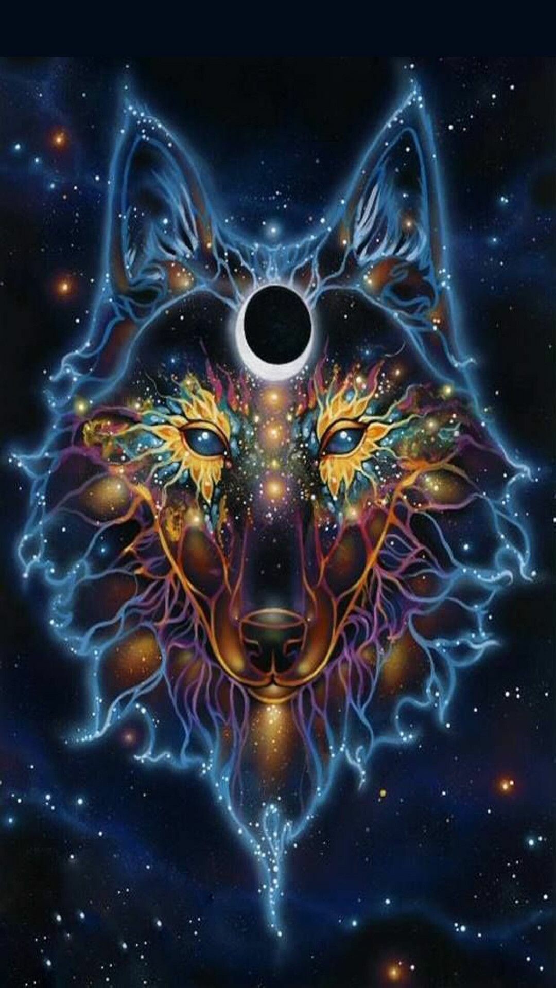 Cosmic wolf face, Solar eclipse crescent, Starry galaxy backdrop Cosmic wolf face, Solar eclipse crescent, Starry galaxy backdrop — 1080×1920 HD wallpaper