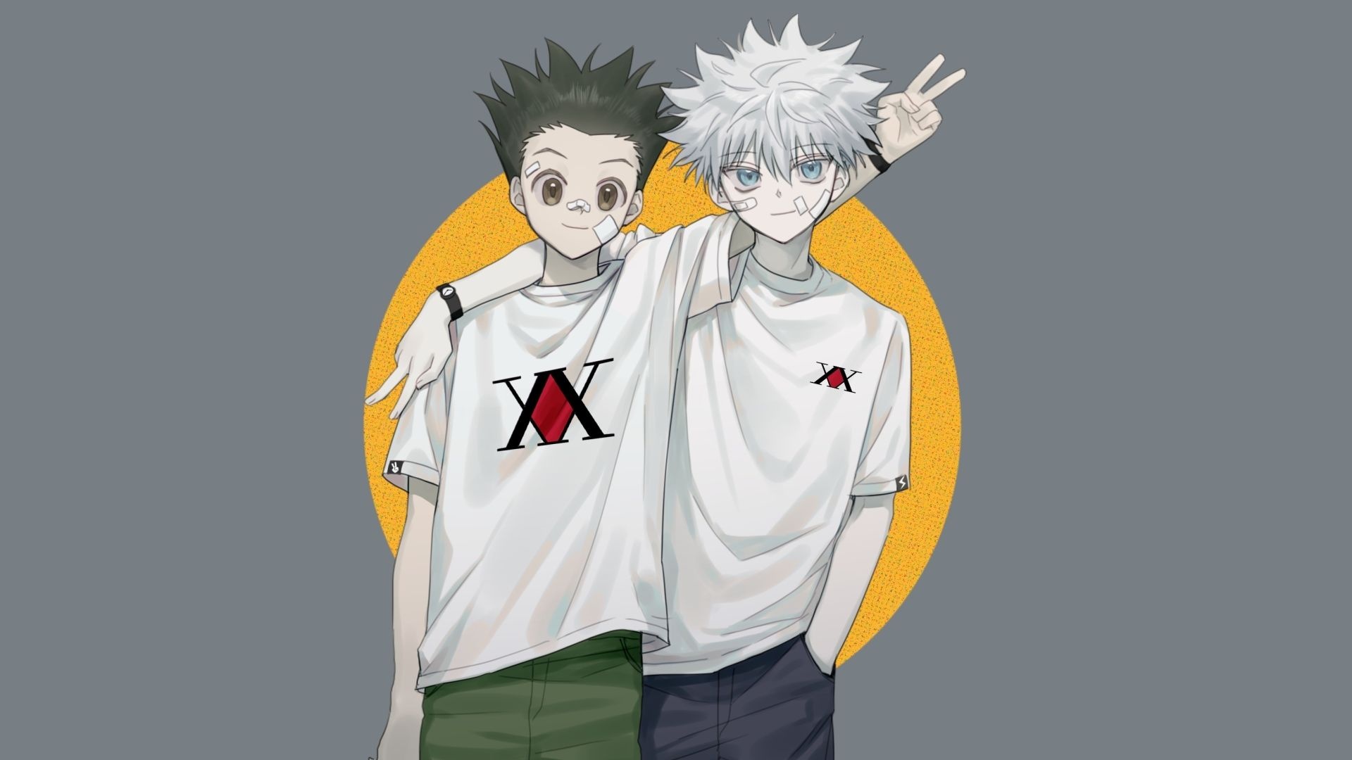 Gon Freecss, Killua Zoldyck, Hunter x Hunter shirts, Minimalist grey background Gon Freecss, Killua Zoldyck, Hunter x Hunter shirts, Minimalist grey background — 1920×1080 HD wallpaper