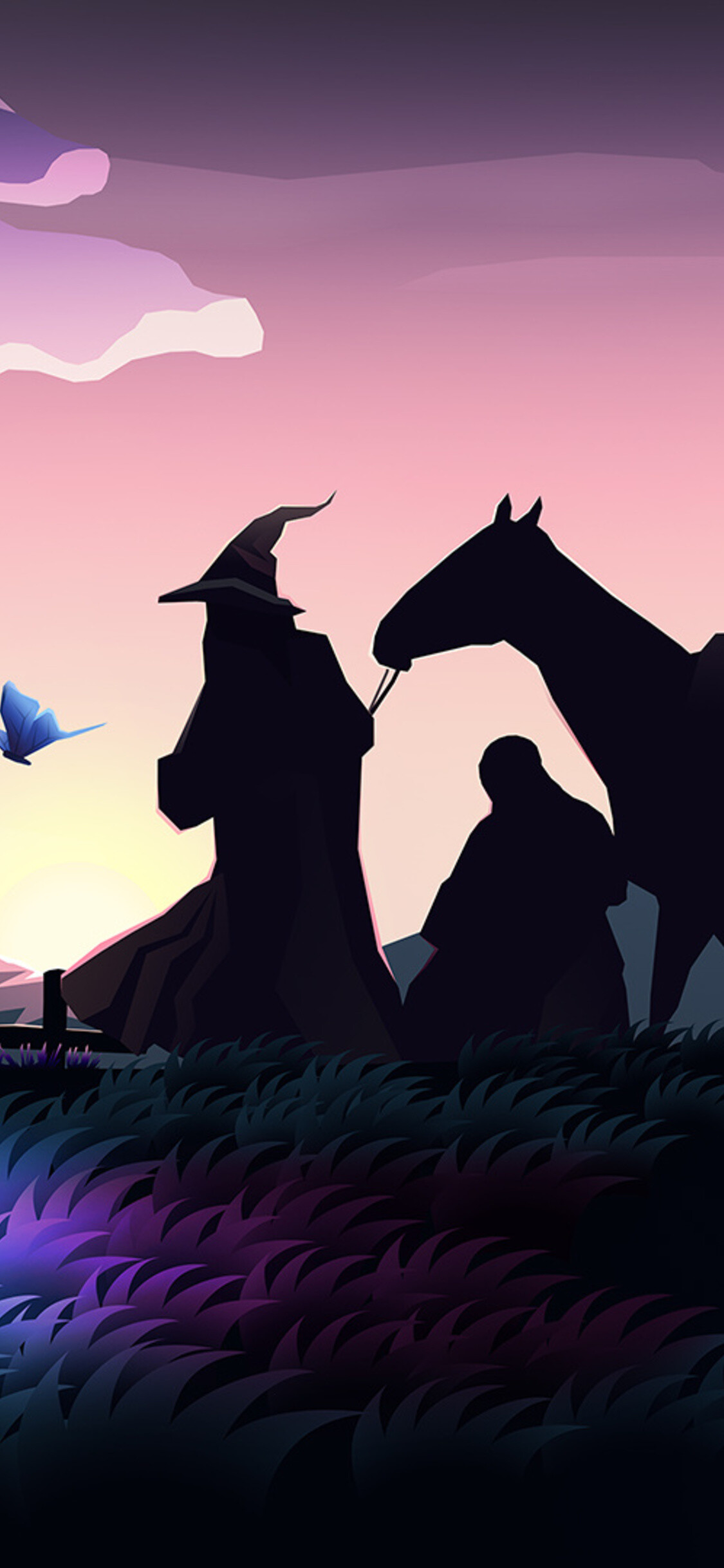 Gandalf silhouette, Frodo, Shadowfax, Minimalist vector art, Horse at sunset Gandalf silhouette, Frodo, Shadowfax, Minimalist vector art, Horse at sunset — 1125×2436 HD wallpaper