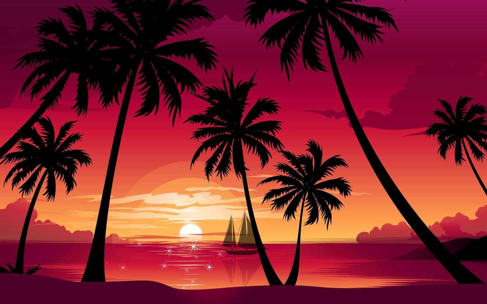 Palm tree beach silhouette, Sailboat at sunset, Pink tropical illustration Palm tree beach silhouette, Sailboat at sunset, Pink tropical illustration — 1920×1200 HD wallpaper