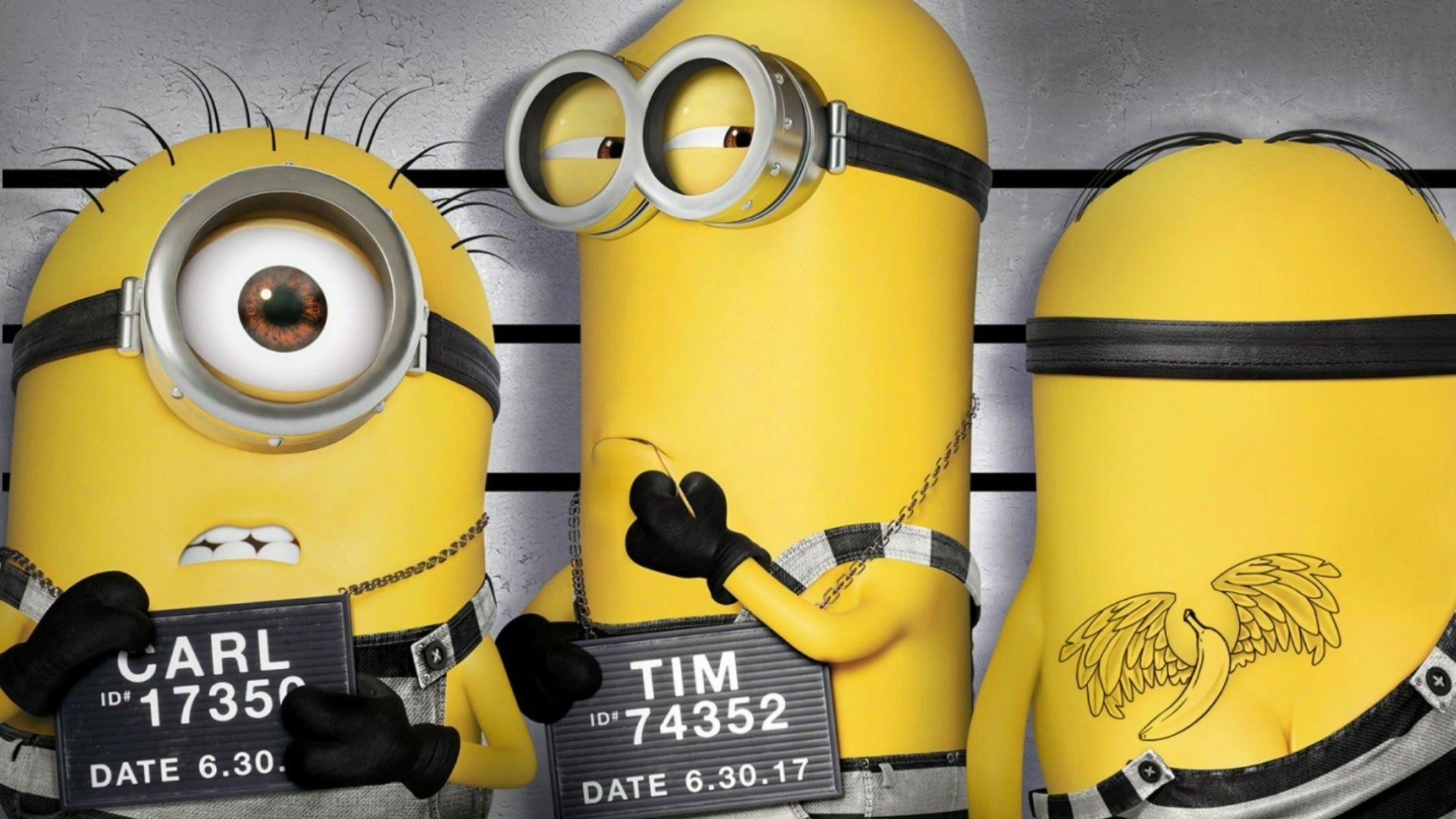 Minion mugshot lineup, Prison placards Carl and Tim, Banana angel-wings tattoo Minion mugshot lineup, Prison placards Carl and Tim, Banana angel-wings tattoo — 1920×1080 HD wallpaper