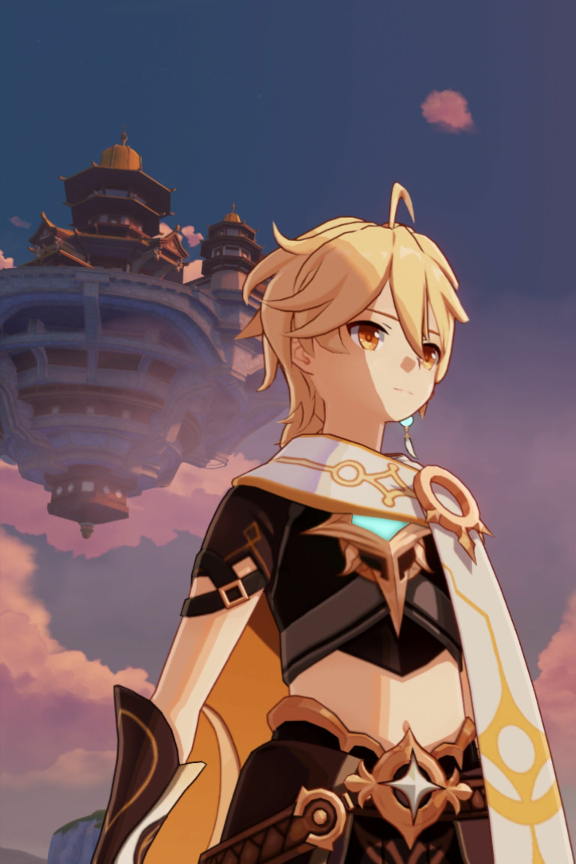 Aether Traveler, Floating Liyue pagoda, Sunset cloudy sky Aether Traveler, Floating Liyue pagoda, Sunset cloudy sky — 1920×2880 HD wallpaper