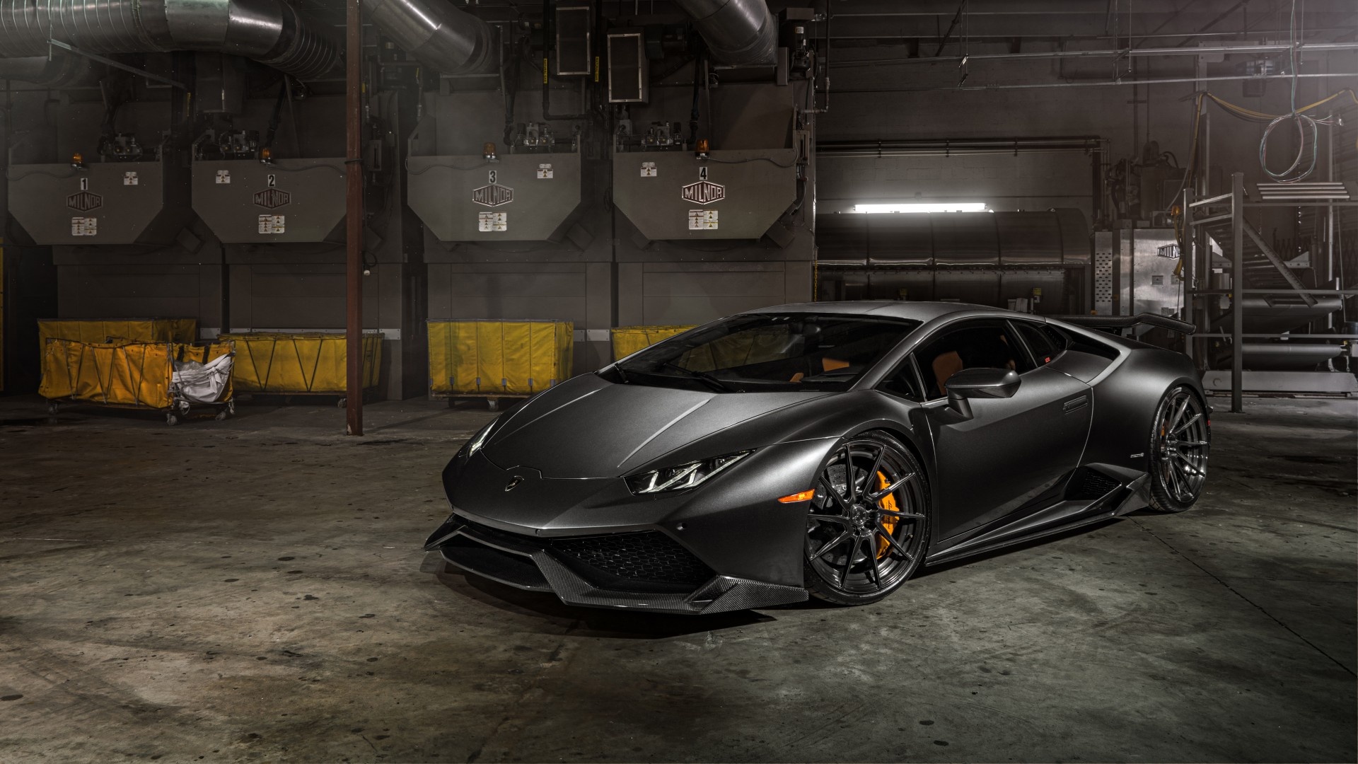 Matte black Lamborghini Huracan, Industrial warehouse interior, Orange brake calipers Matte black Lamborghini Huracan, Industrial warehouse interior, Orange brake calipers — 1920×1080 HD wallpaper