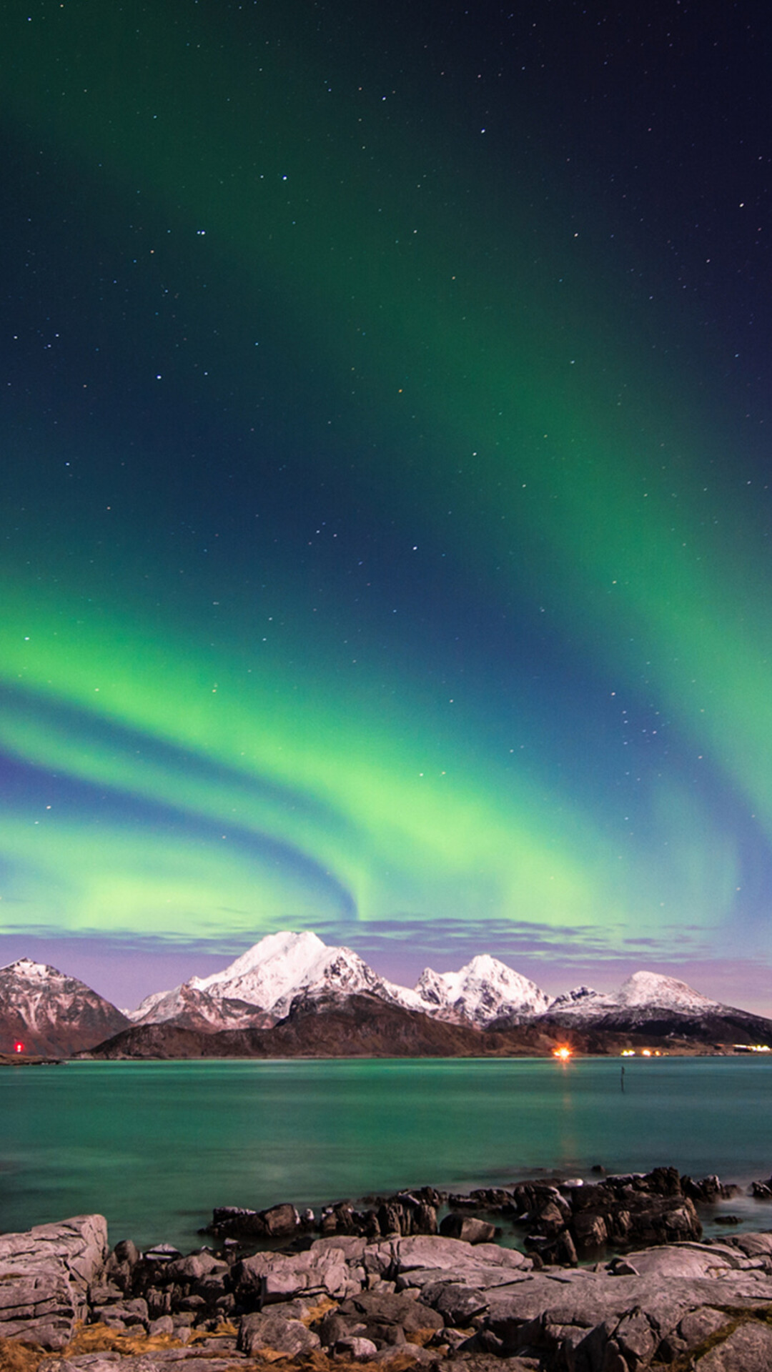 Green aurora over fjord, Snow-capped coastal mountains, Rocky shoreline reflection Green aurora over fjord, Snow-capped coastal mountains, Rocky shoreline reflection — 1080×1920 HD wallpaper