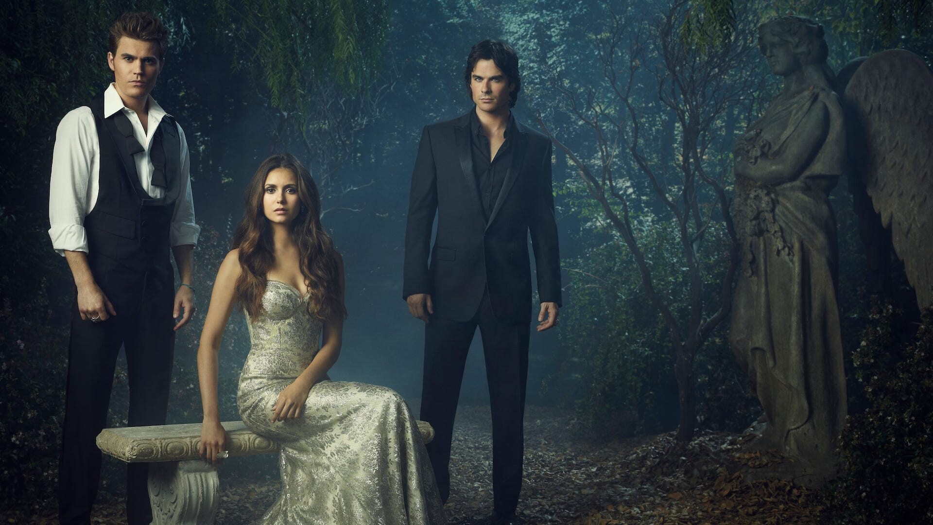 Stefan Salvatore, Elena Gilbert, Damon Salvatore, Cemetery angel statue Stefan Salvatore, Elena Gilbert, Damon Salvatore, Cemetery angel statue — 1920×1080 HD wallpaper
