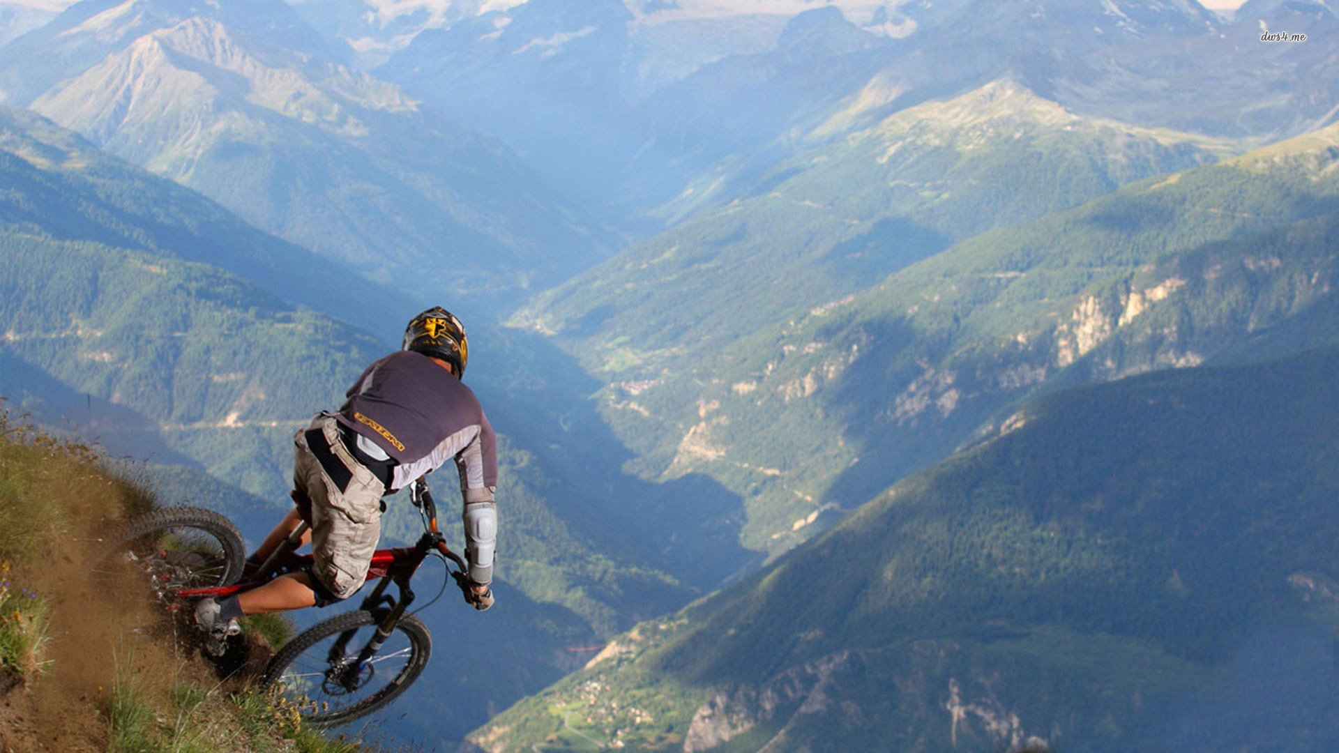 Downhill mountain biker, Full-face helmet rider, Alpine valley ridge trail Downhill mountain biker, Full-face helmet rider, Alpine valley ridge trail — 1920×1080 HD wallpaper