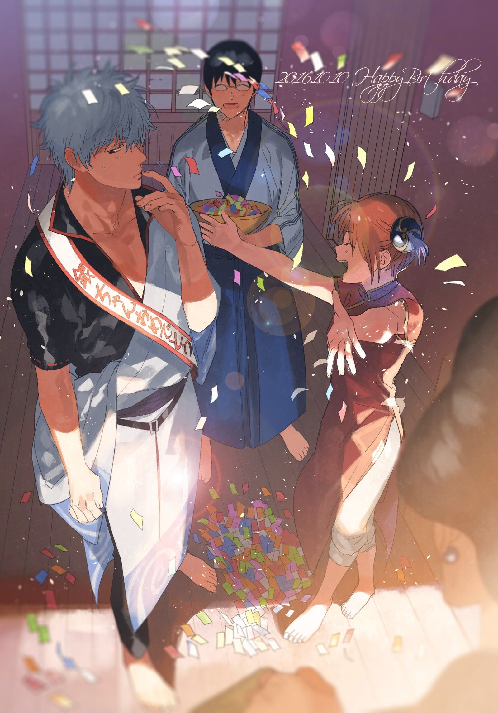 Gintoki Sakata, Shinsuke Takasugi, Kagura, Happy Birthday confetti Gintoki Sakata, Shinsuke Takasugi, Kagura, Happy Birthday confetti — 1599×2287 HD wallpaper