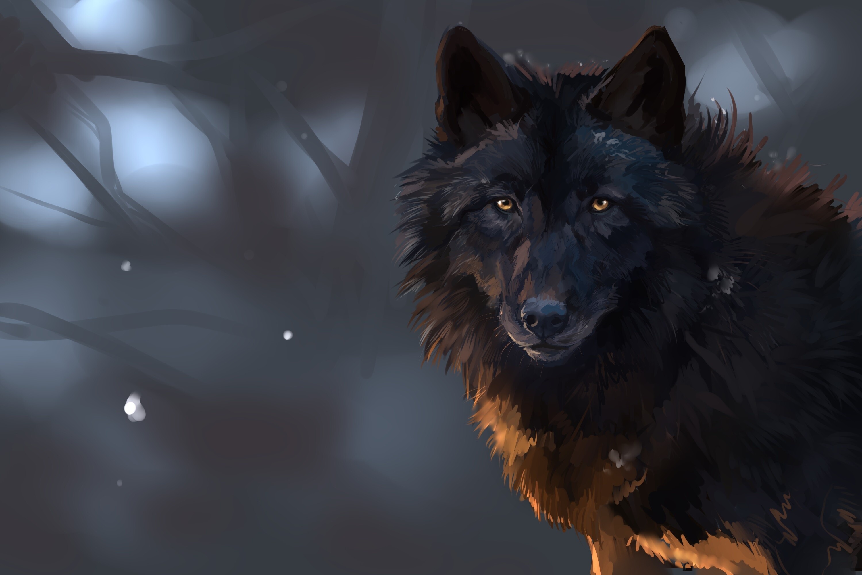 Black wolf portrait, Yellow glowing eyes, Misty forest branches Black wolf portrait, Yellow glowing eyes, Misty forest branches — 3000×2000 HD wallpaper
