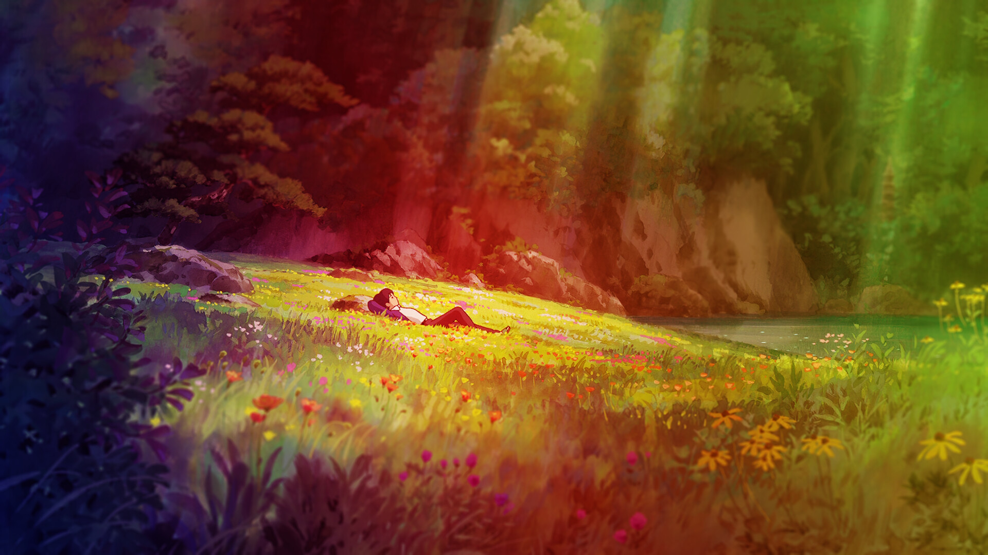 Boy in wildflower field, Ghibli-style meadow, Sunbeams through forest Boy in wildflower field, Ghibli-style meadow, Sunbeams through forest — 1920×1080 HD wallpaper