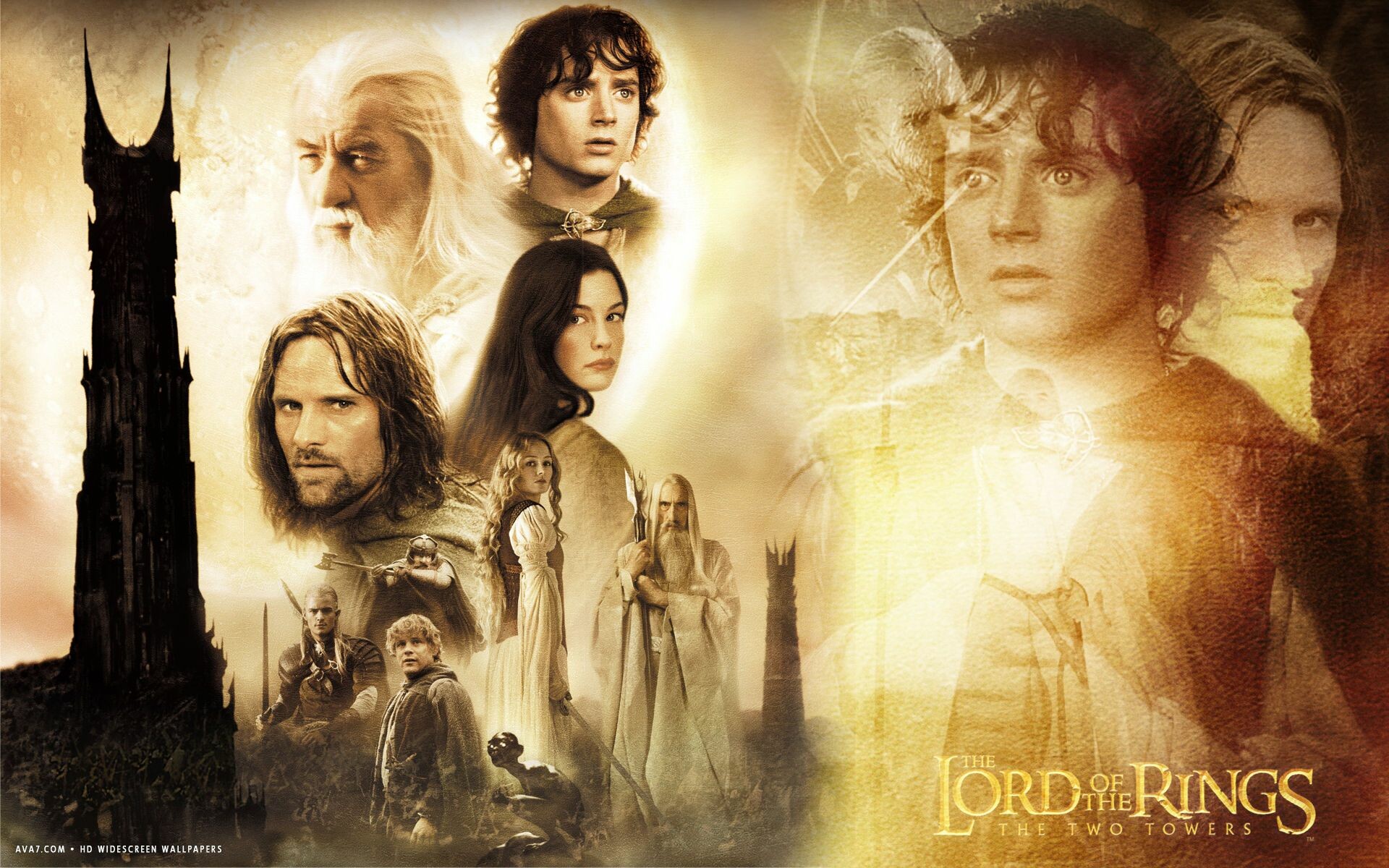 Frodo Baggins (Elijah Wood), Aragorn (Viggo Mortensen), Gandalf, Saruman, The Lord of the Rings: The Two Towers (2002) poster, Orthanc tower silhouette Frodo Baggins (Elijah Wood), Aragorn (Viggo Mortensen), Gandalf, Saruman, The Lord of the Rings: The Two Towers (2002) poster, Orthanc tower silhouette — 1920×1200 HD wallpaper