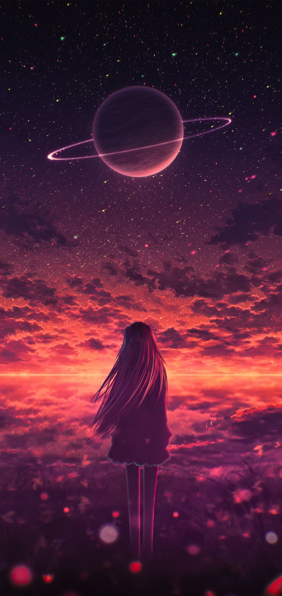 Anime girl silhouette, Ringed planet sky, Sunset flower field Anime girl silhouette, Ringed planet sky, Sunset flower field — 1080×2280 HD wallpaper