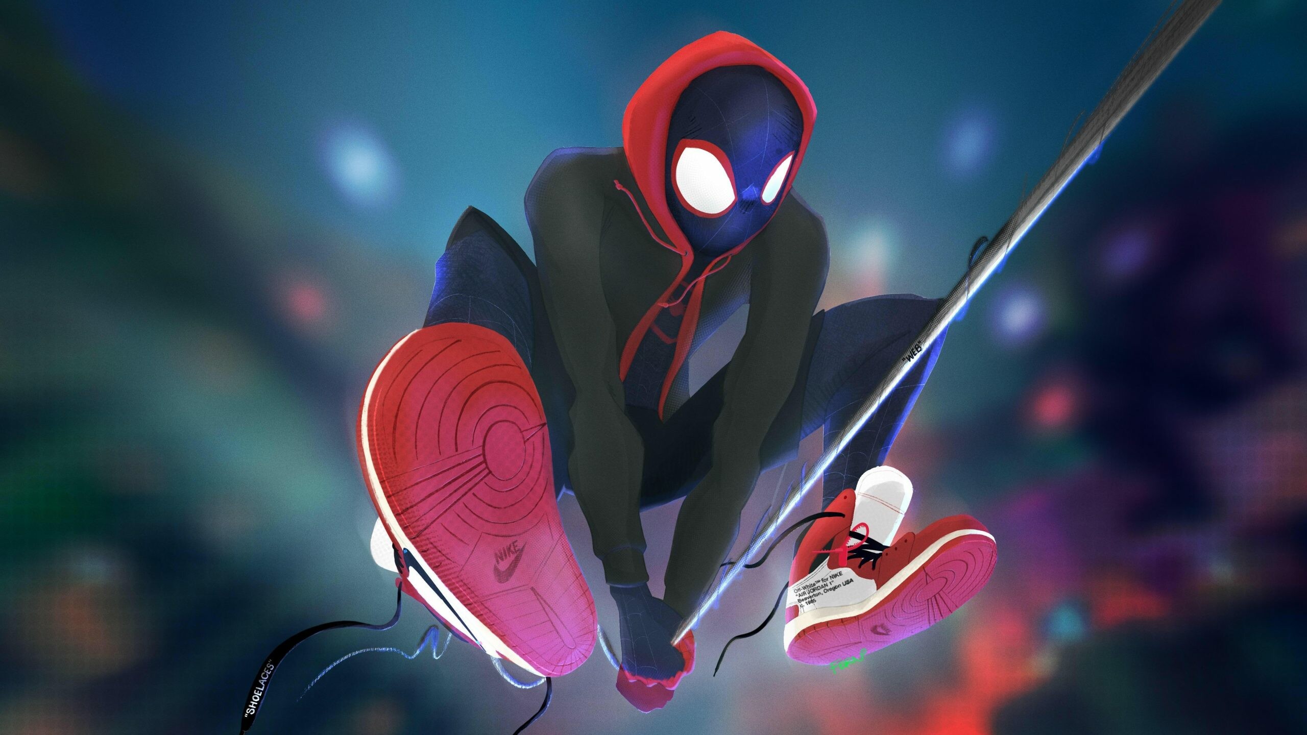 Masked Miles Morales, Air Jordan sneaker soles, Web-line crouch Masked Miles Morales, Air Jordan sneaker soles, Web-line crouch — 2560×1440 HD wallpaper