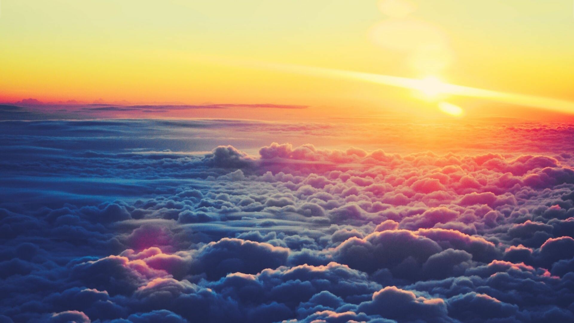 Sunset above clouds, Cumulus cloud sea, Golden sun flare Sunset above clouds, Cumulus cloud sea, Golden sun flare — 1920×1080 HD wallpaper
