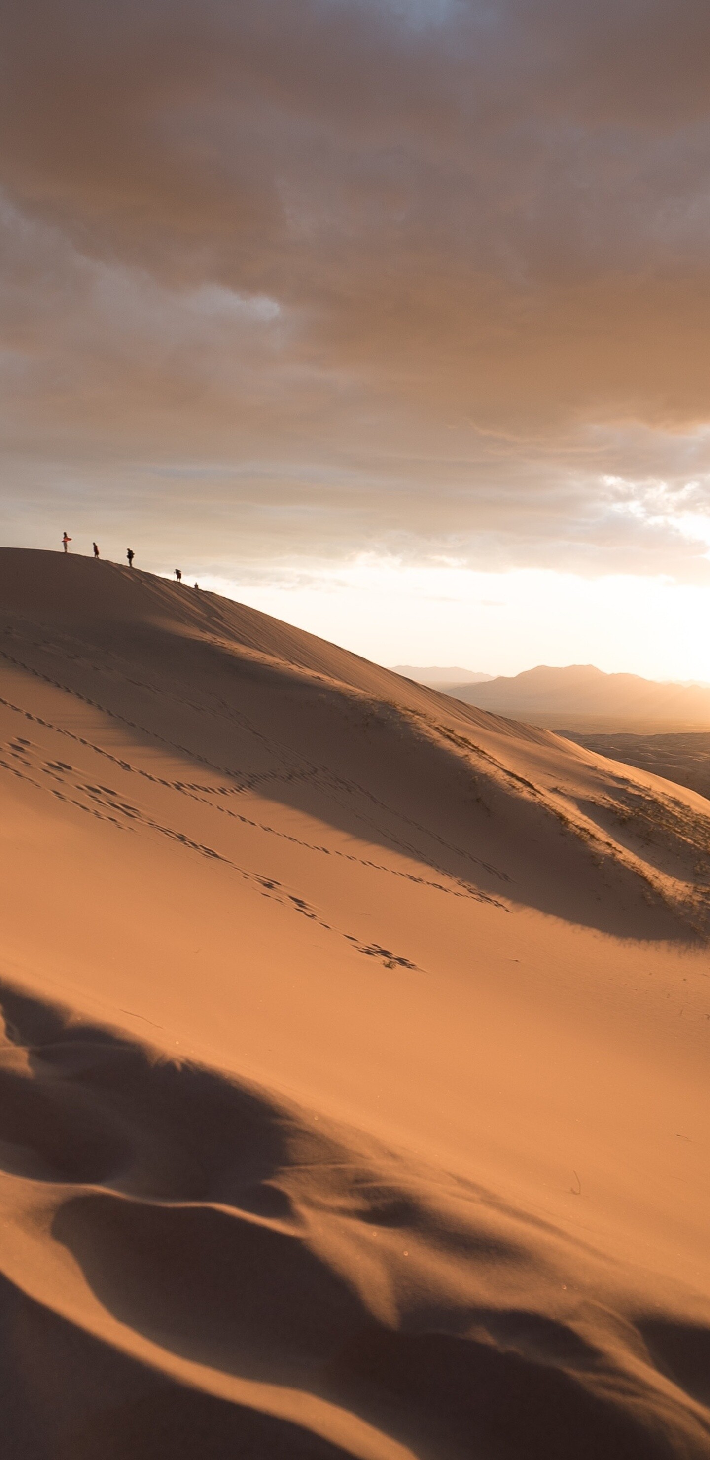 Hikers on dune ridge, Footprints in sand, Golden sunset sky Hikers on dune ridge, Footprints in sand, Golden sunset sky — 1440×2960 HD wallpaper