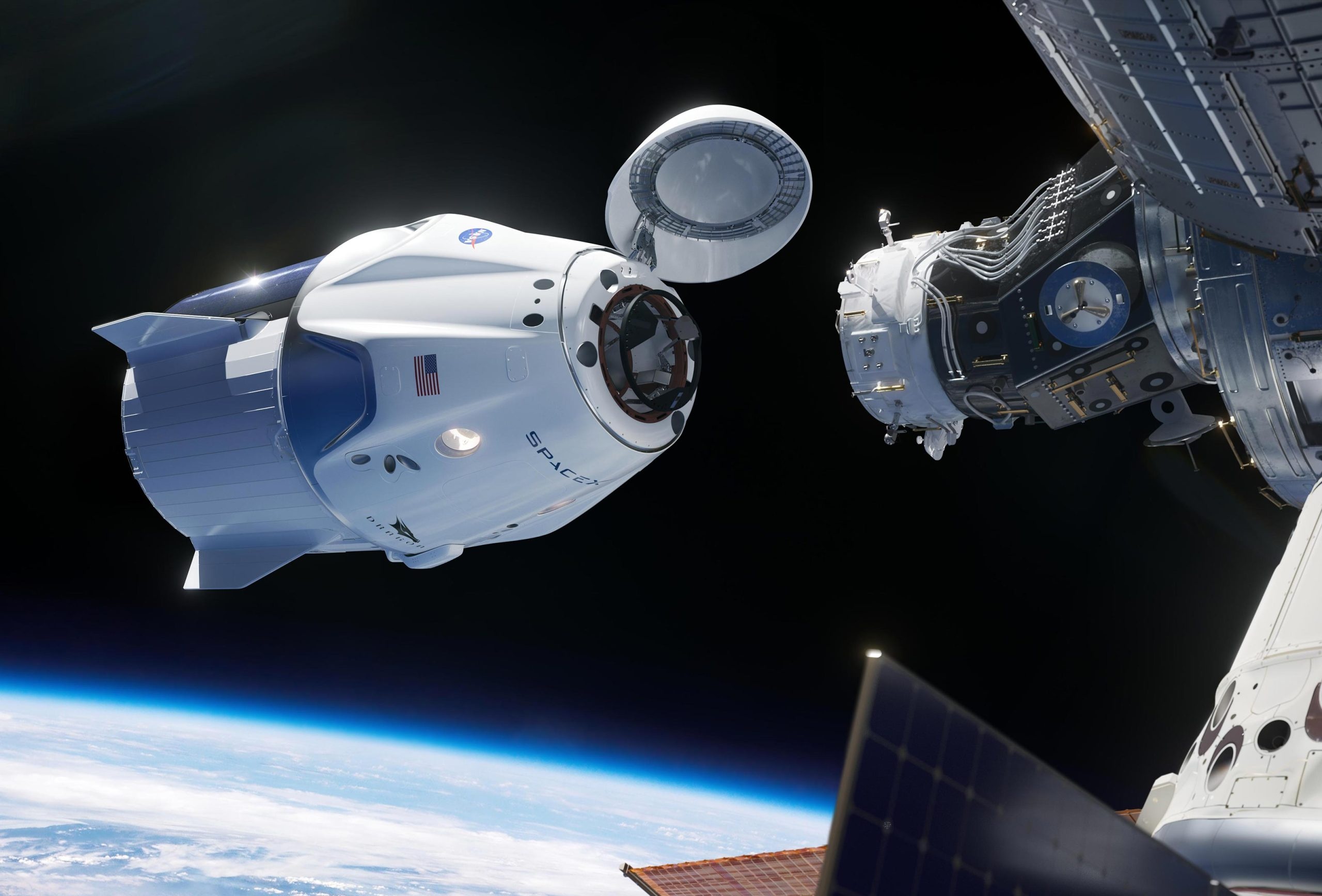 SpaceX Crew Dragon capsule, ISS docking port, Earth horizon from orbit SpaceX Crew Dragon capsule, ISS docking port, Earth horizon from orbit — 2560×1736 HD wallpaper