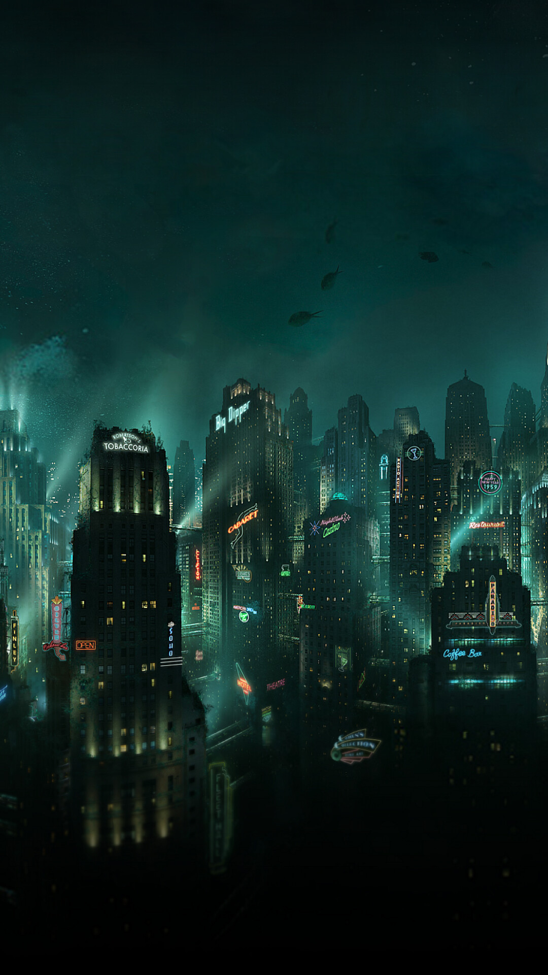 Rapture underwater city, Tobaccoma neon signage, Art Deco skyscrapers Rapture underwater city, Tobaccoma neon signage, Art Deco skyscrapers — 1080×1920 HD wallpaper