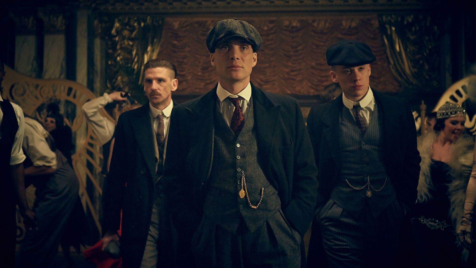 Thomas Shelby (Cillian Murphy), Arthur Shelby (Paul Anderson), John Shelby (Joe Cole), Peaky Blinders trio, Flat caps and suits, Ornate nightclub interior Thomas Shelby (Cillian Murphy), Arthur Shelby (Paul Anderson), John Shelby (Joe Cole), Peaky Blinders trio, Flat caps and suits, Ornate nightclub interior — 1920×1080 HD wallpaper