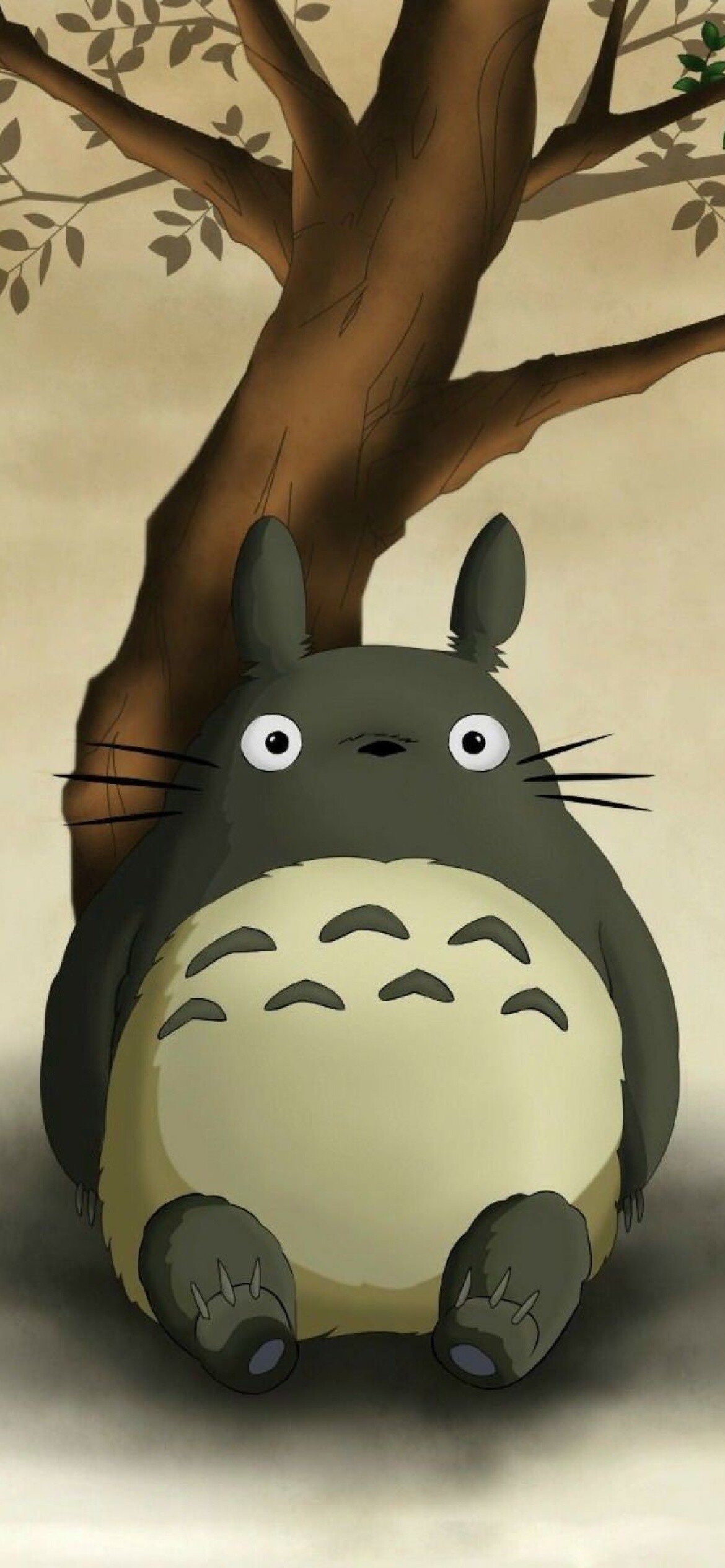 Grey Totoro sitting, Small leafy tree, Beige backdrop Grey Totoro sitting, Small leafy tree, Beige backdrop — 1170×2532 HD wallpaper