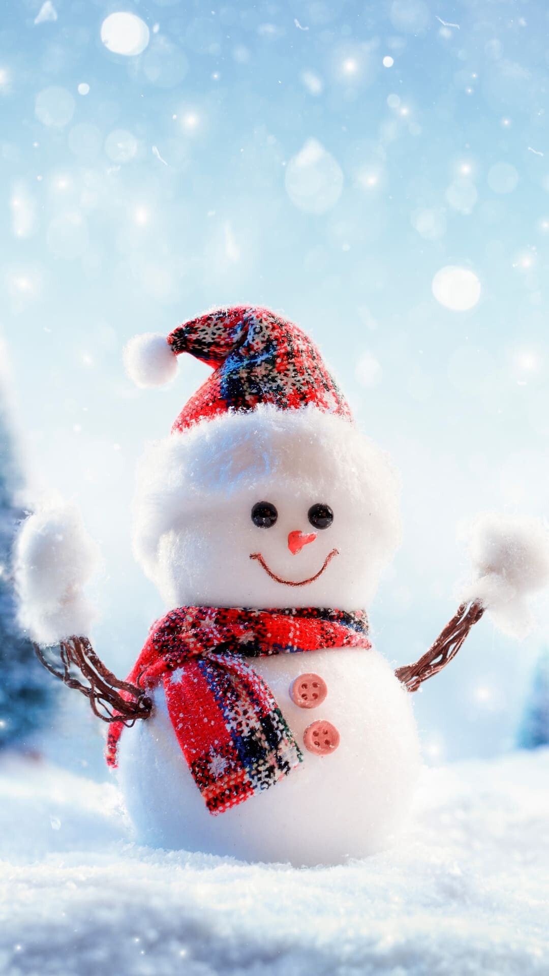 Snowman figurine, Red plaid scarf, Falling snow bokeh Snowman figurine, Red plaid scarf, Falling snow bokeh — 1080×1920 HD wallpaper