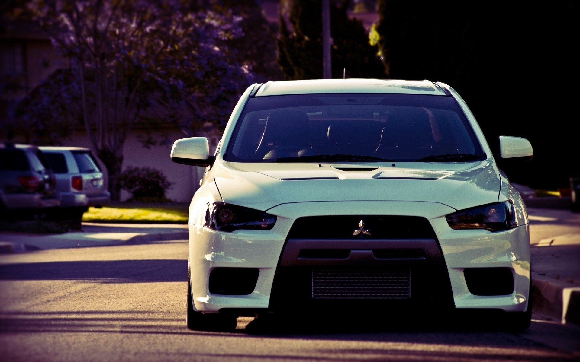 Mitsubishi Lancer Evo X, White sedan front, Suburban street Mitsubishi Lancer Evo X, White sedan front, Suburban street — 1920×1200 HD wallpaper
