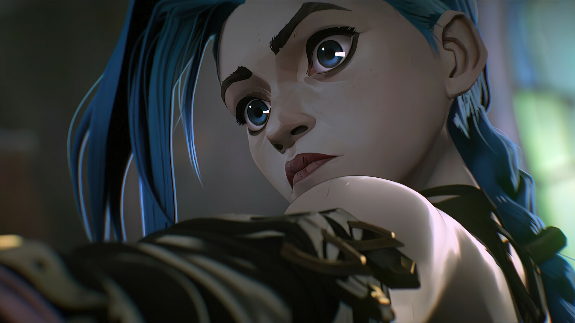 Jinx manic close-up, Long blue braids, Outstretched aiming arm Jinx manic close-up, Long blue braids, Outstretched aiming arm — 1920×1080 HD wallpaper