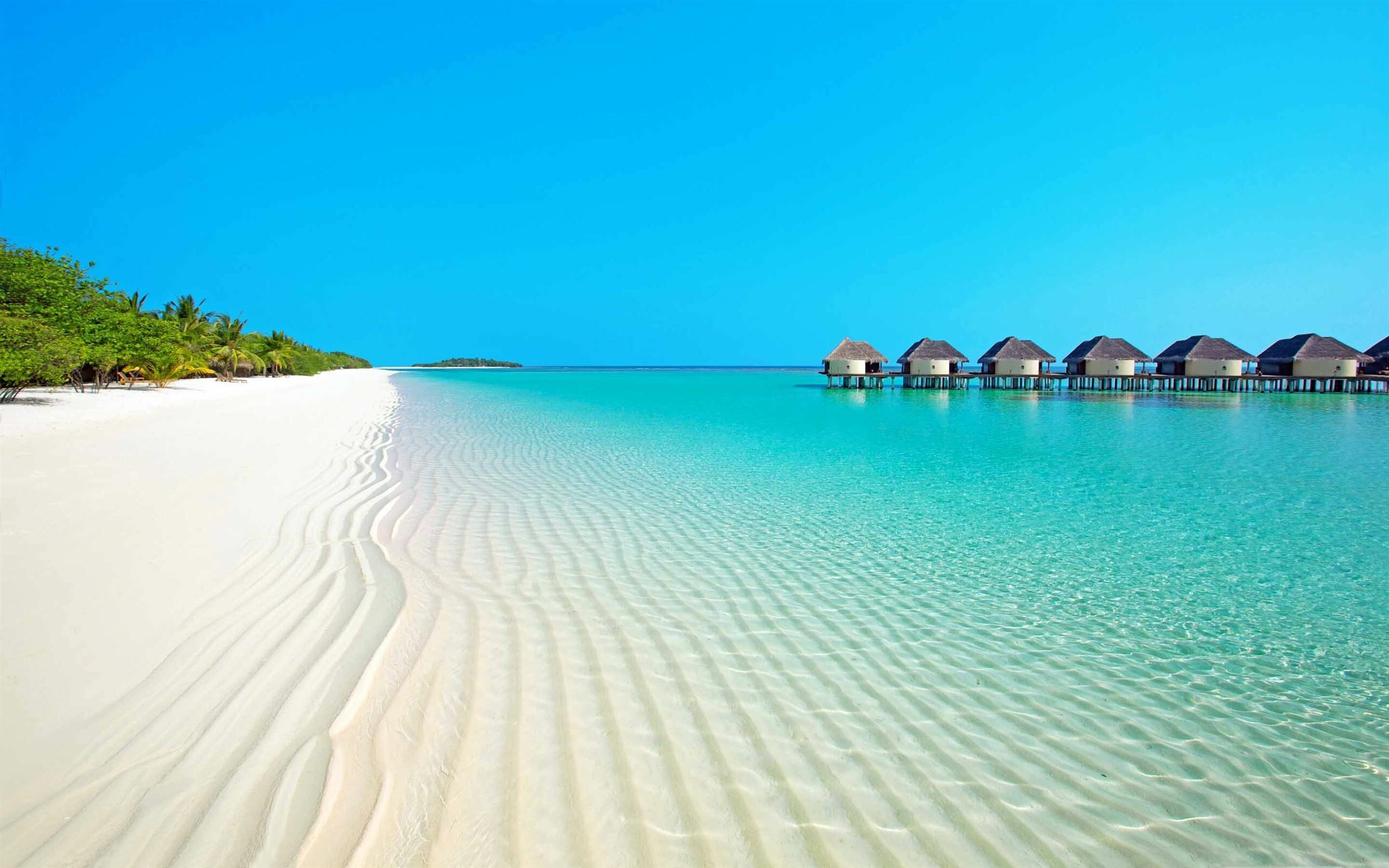 Maldives overwater bungalows, Turquoise lagoon shallows, White sand beach Maldives overwater bungalows, Turquoise lagoon shallows, White sand beach — 2560×1600 HD wallpaper