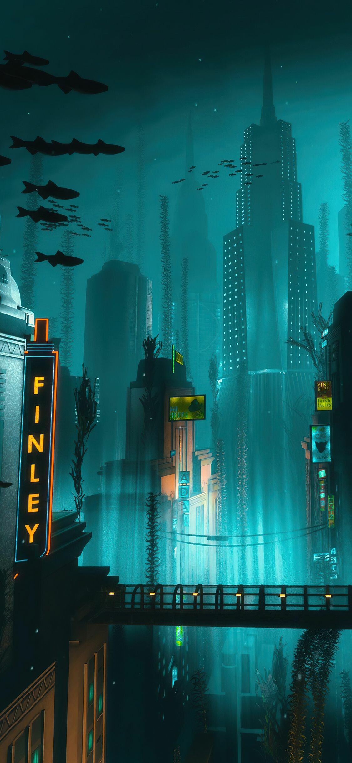 Rapture underwater city, Finley neon sign, Art Deco skyscrapers Rapture underwater city, Finley neon sign, Art Deco skyscrapers — 1125×2436 HD wallpaper