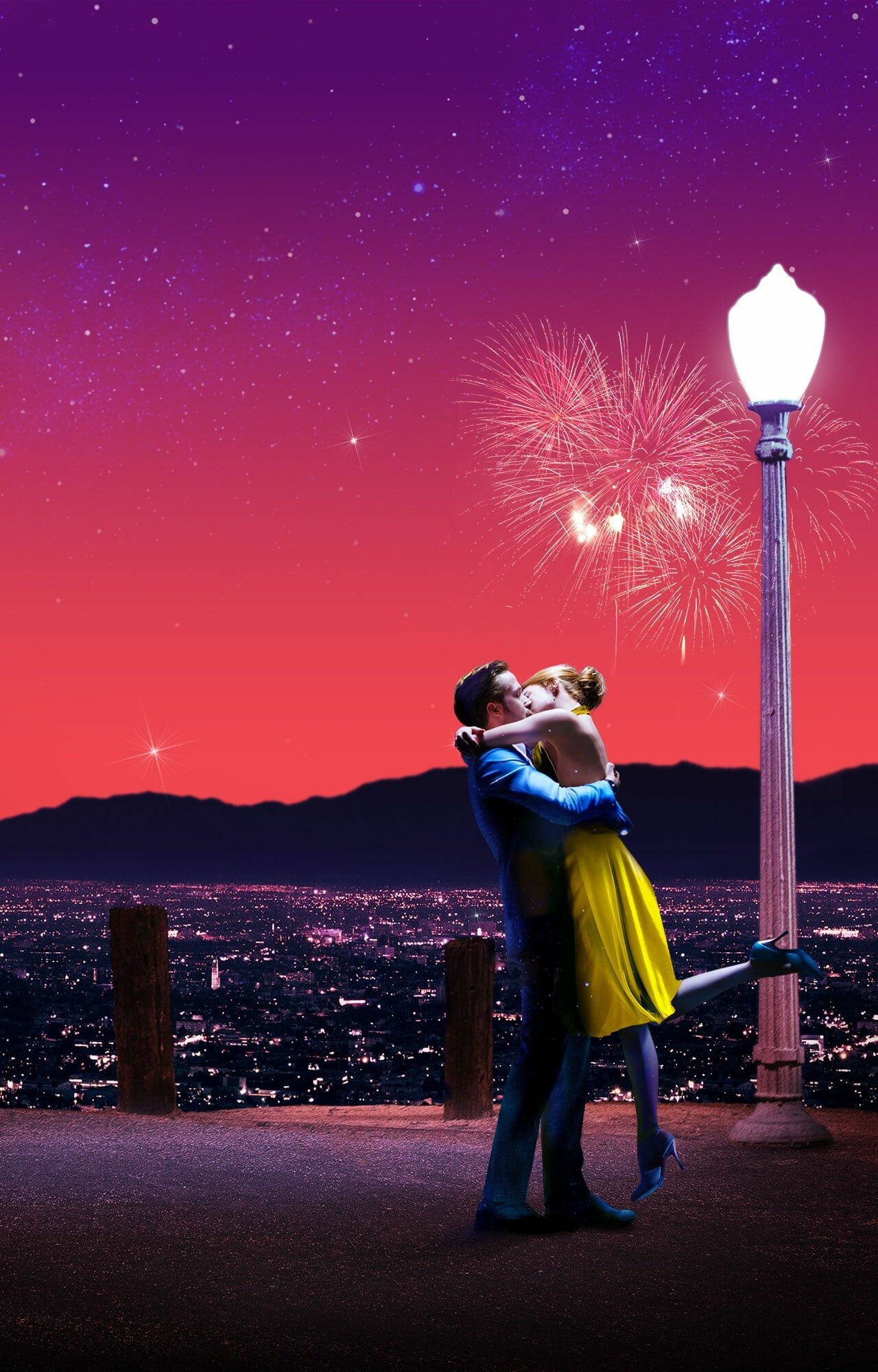 Sebastian and Mia kiss, Yellow dress lamppost, Fireworks over Los Angeles Sebastian and Mia kiss, Yellow dress lamppost, Fireworks over Los Angeles — 1280×2000 HD wallpaper