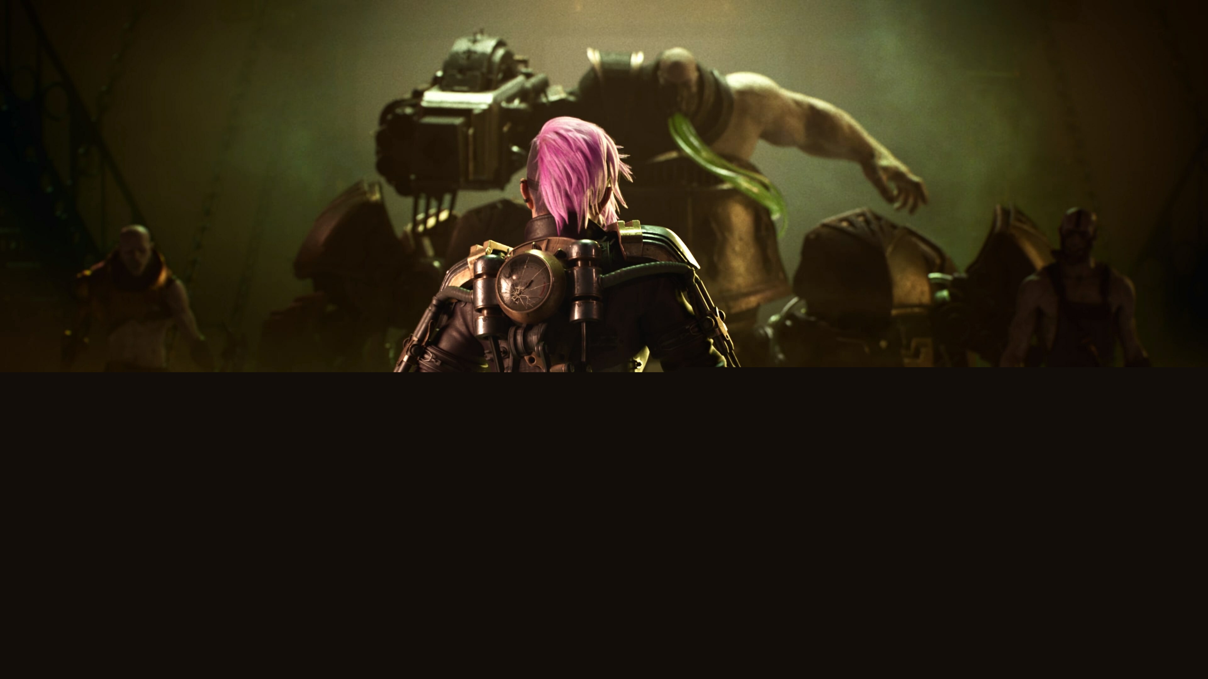 Vi in fighting pit, Hulking Urgot figure, Smoky green haze Vi in fighting pit, Hulking Urgot figure, Smoky green haze — 3840×2160 HD wallpaper
