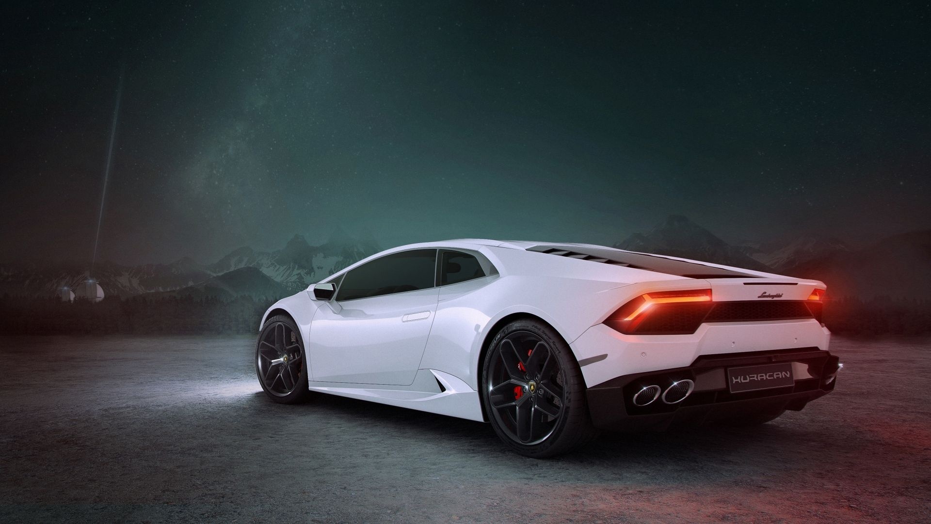 White Lamborghini Huracan, Starry night sky, Distant mountain silhouette White Lamborghini Huracan, Starry night sky, Distant mountain silhouette — 1920×1080 HD wallpaper