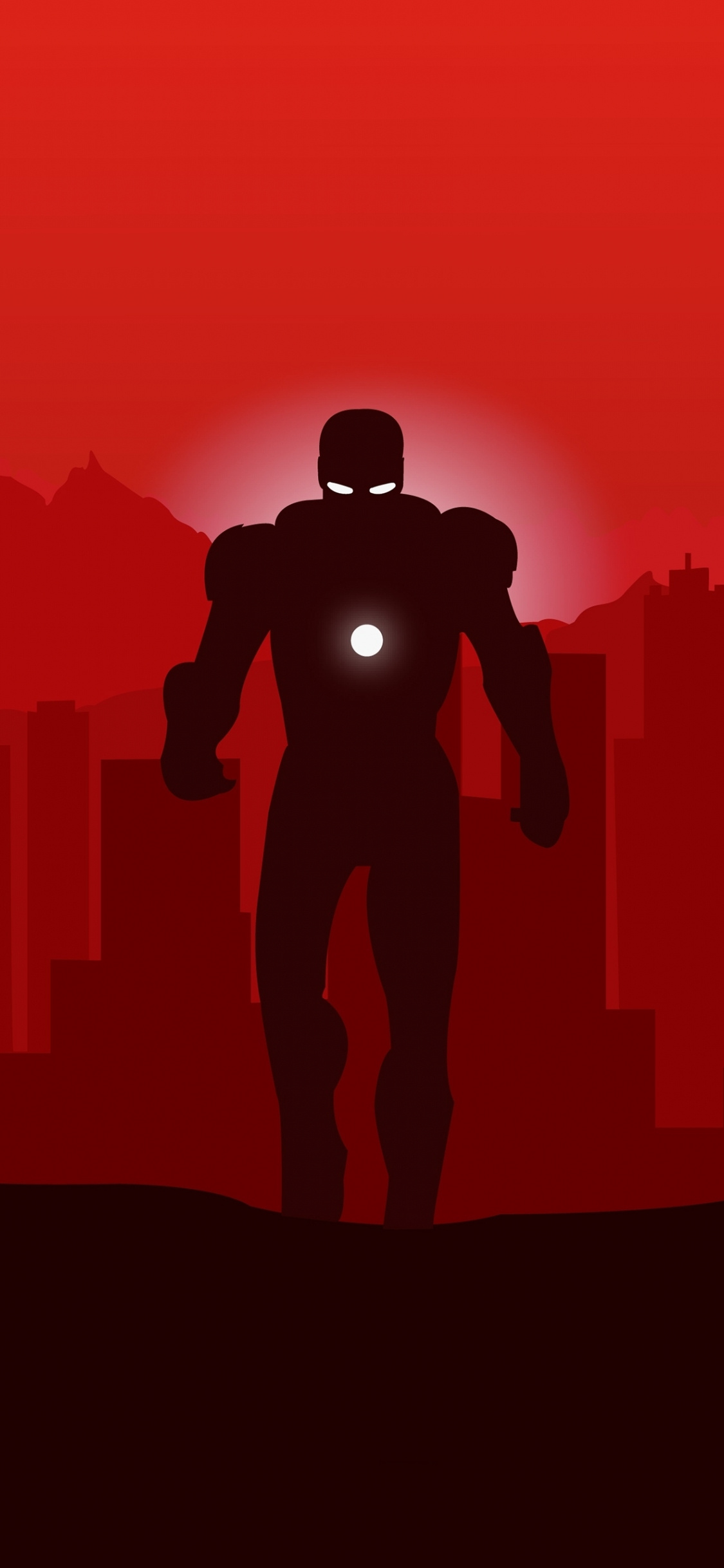 Iron Man silhouette, Glowing arc reactor, Red city skyline Iron Man silhouette, Glowing arc reactor, Red city skyline — 1125×2436 HD wallpaper
