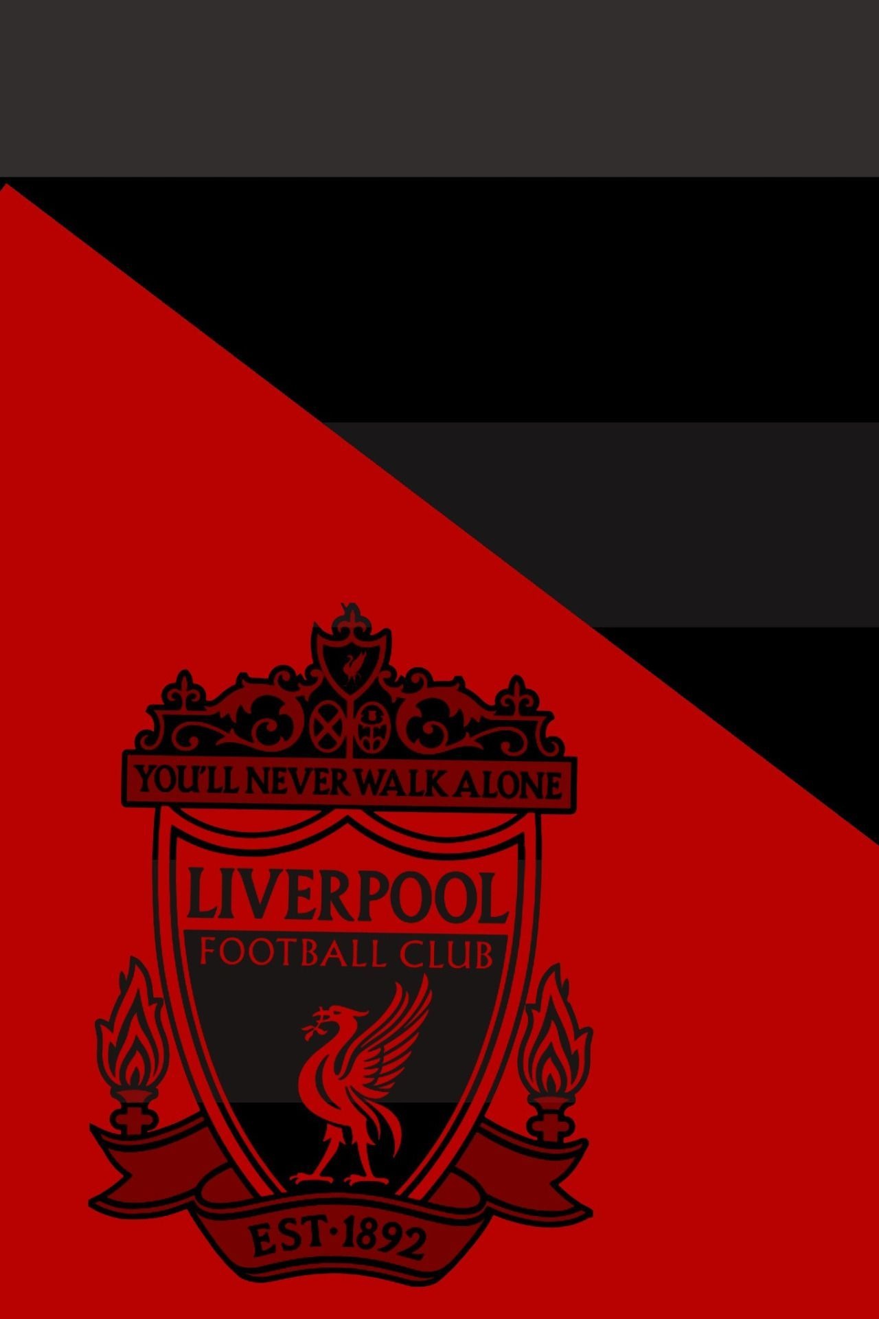 Liverpool FC crest, Red black diagonal split, You'll Never Walk Alone banner Liverpool FC crest, Red black diagonal split, You'll Never Walk Alone banner — 1280×1920 HD wallpaper