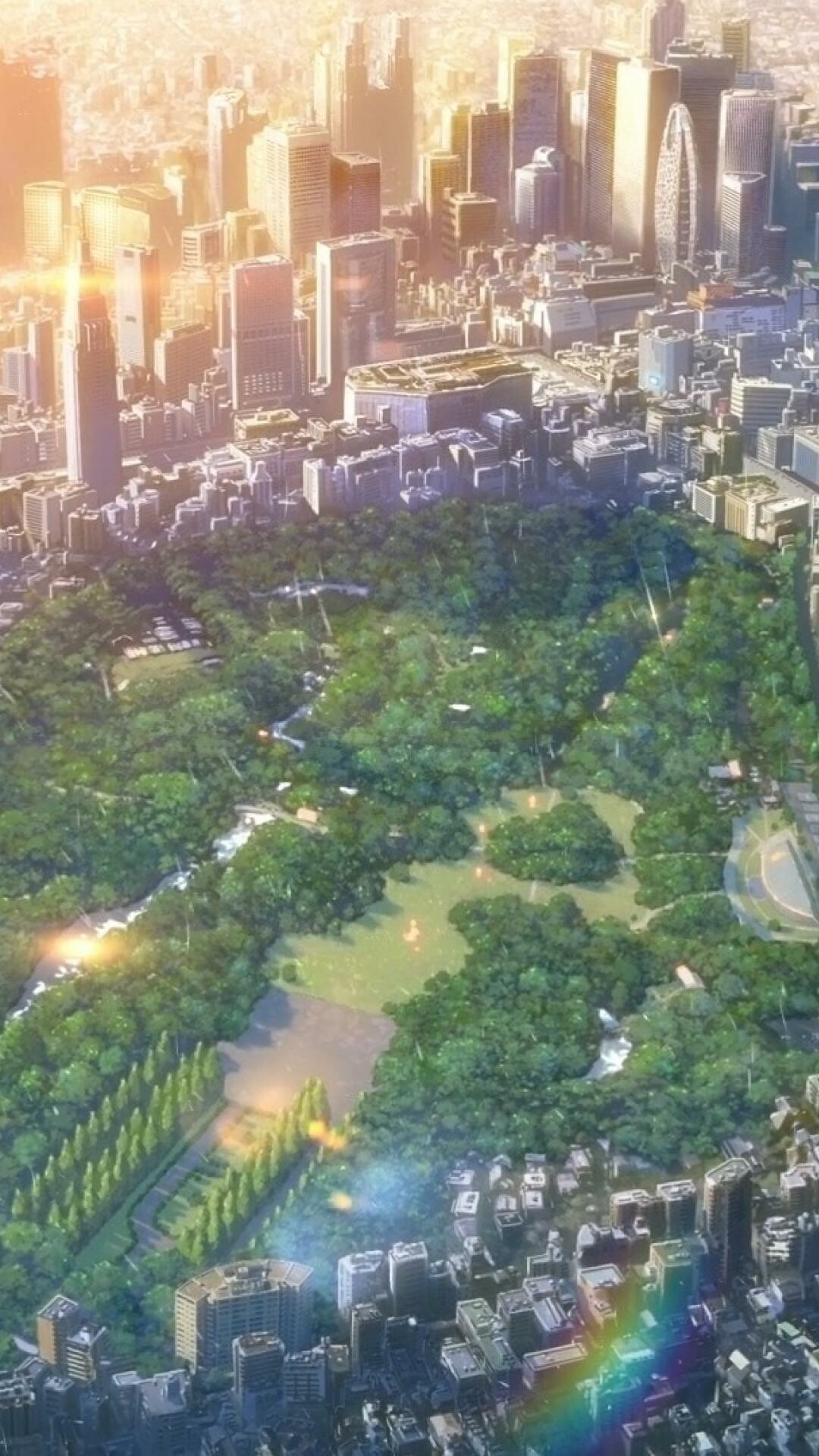 Shinjuku Gyoen park, Tokyo skyline aerial, Makoto Shinkai scenery Shinjuku Gyoen park, Tokyo skyline aerial, Makoto Shinkai scenery — 1080×1920 HD wallpaper