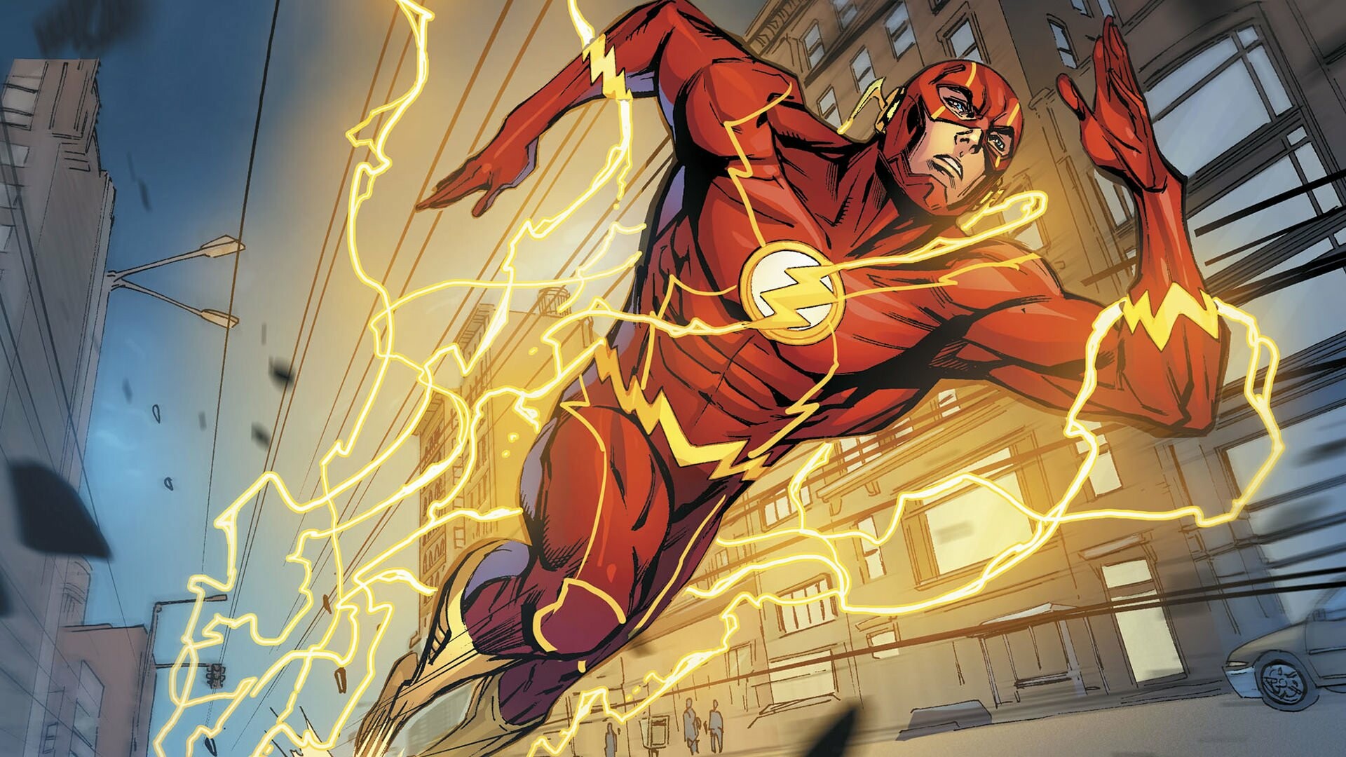 The Flash, Yellow lightning trail, City street backdrop The Flash, Yellow lightning trail, City street backdrop — 1920×1080 HD wallpaper