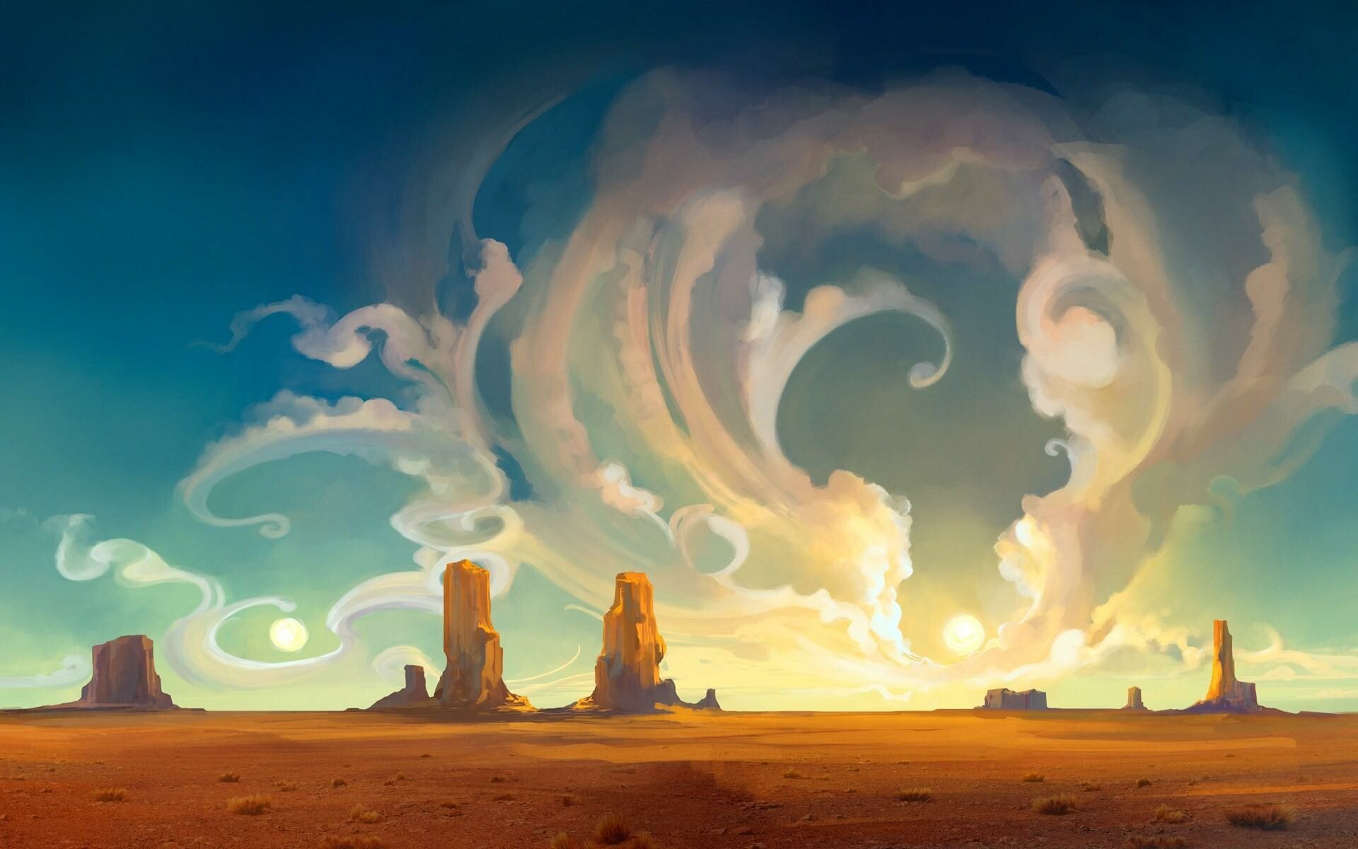 Monument Valley buttes, Swirling cloud vortex, Twin suns desert Monument Valley buttes, Swirling cloud vortex, Twin suns desert — 1920×1200 HD wallpaper