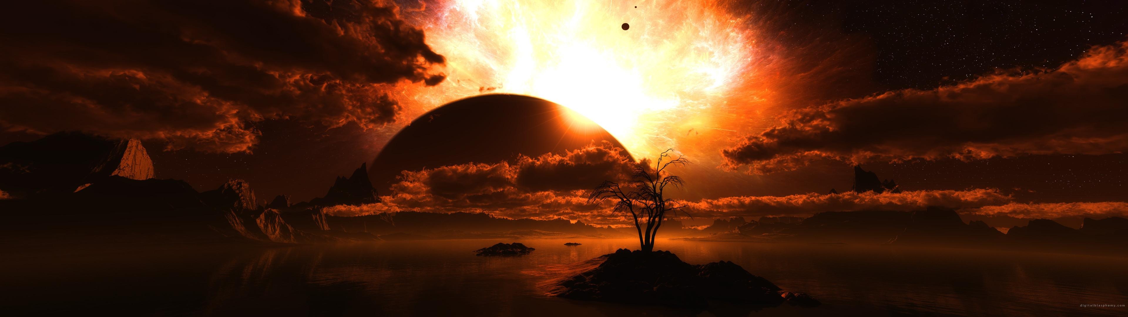 Fiery alien sunset, Eclipsed dark sun, Silhouetted lone tree, Dual Screen Fiery alien sunset, Eclipsed dark sun, Silhouetted lone tree, Dual Screen — 3840×1080 HD wallpaper