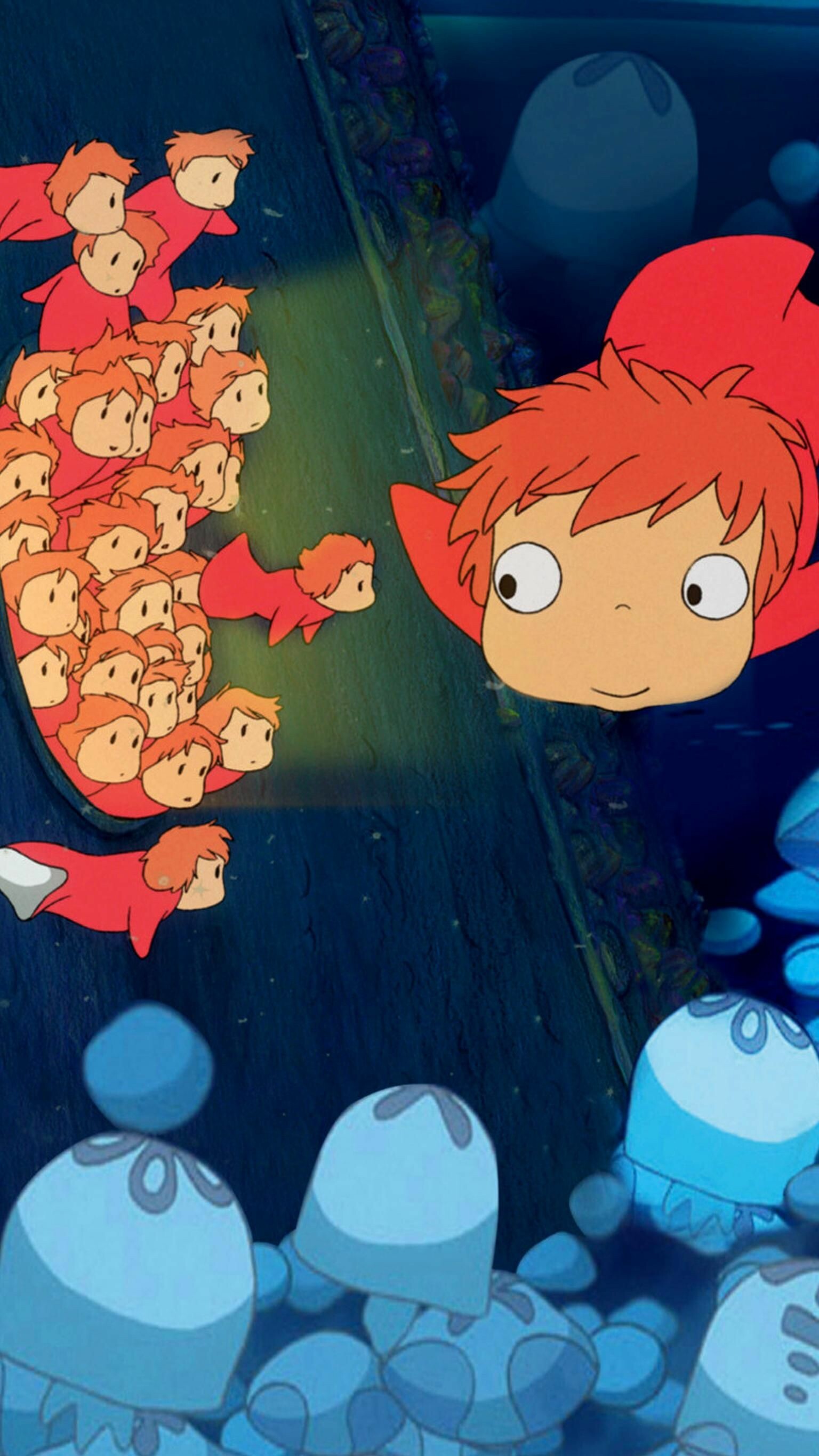 Ponyo close-up portrait, Ponyo's fish sisters, Blue jellyfish creatures, Dark nighttime water Ponyo close-up portrait, Ponyo's fish sisters, Blue jellyfish creatures, Dark nighttime water — 1536×2732 HD wallpaper