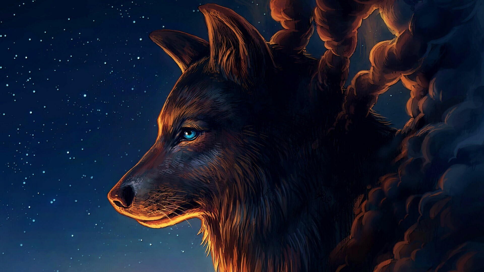 Blue-eyed wolf profile, Starry night sky, Glowing orange clouds Blue-eyed wolf profile, Starry night sky, Glowing orange clouds — 1920×1080 HD wallpaper