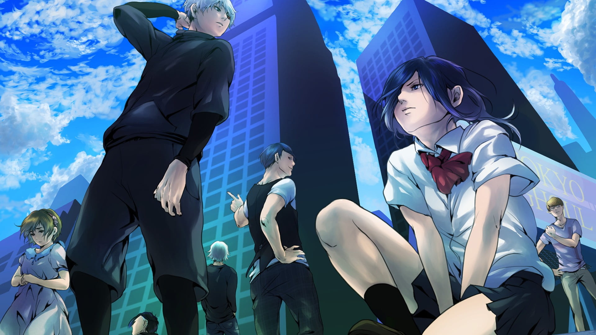 Touka Kirishima, Ken Kaneki, Tokyo Ghoul cast, Skyscrapers blue sky Touka Kirishima, Ken Kaneki, Tokyo Ghoul cast, Skyscrapers blue sky — 1920×1080 HD wallpaper