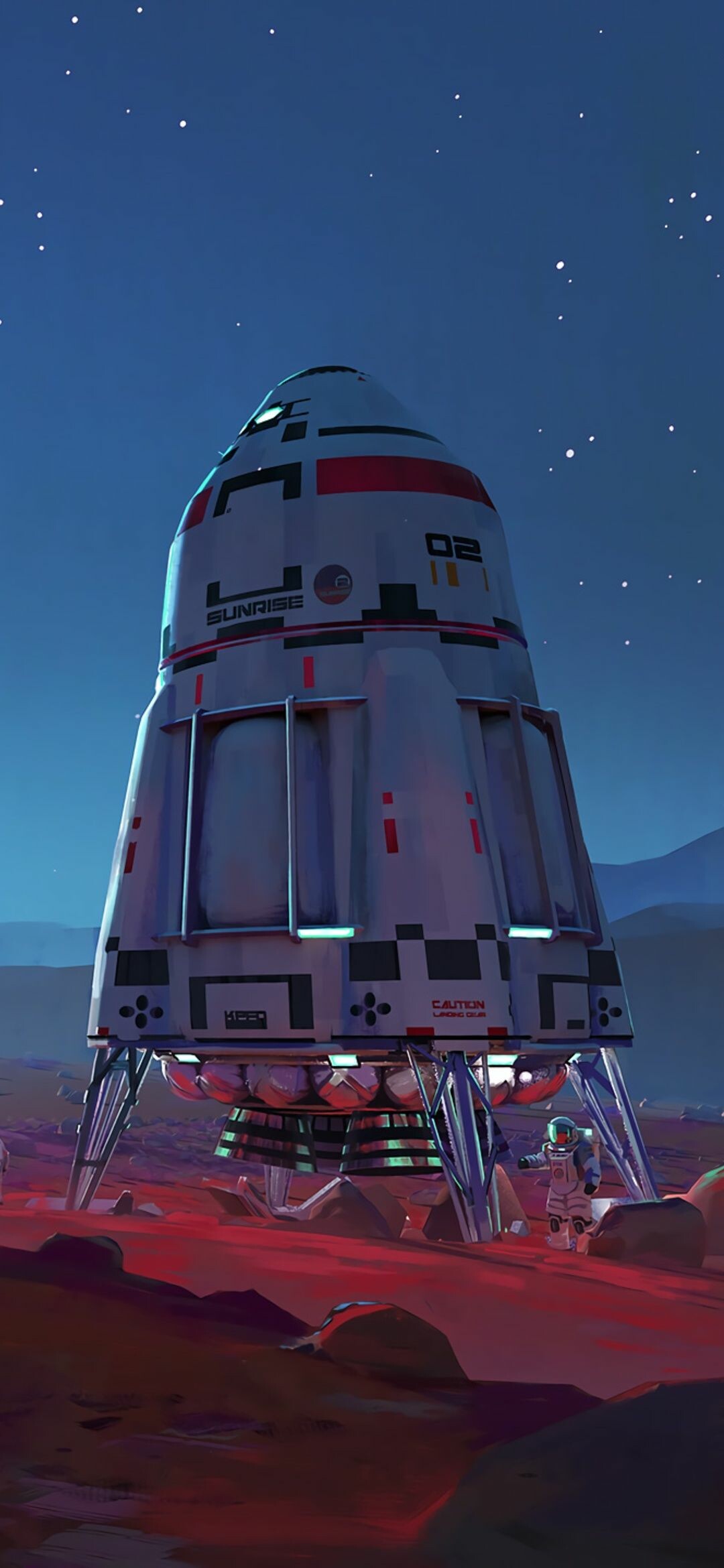Sunrise 02 landing capsule, Astronaut on red terrain, Starry Mars sky Sunrise 02 landing capsule, Astronaut on red terrain, Starry Mars sky — 1080×2340 HD wallpaper