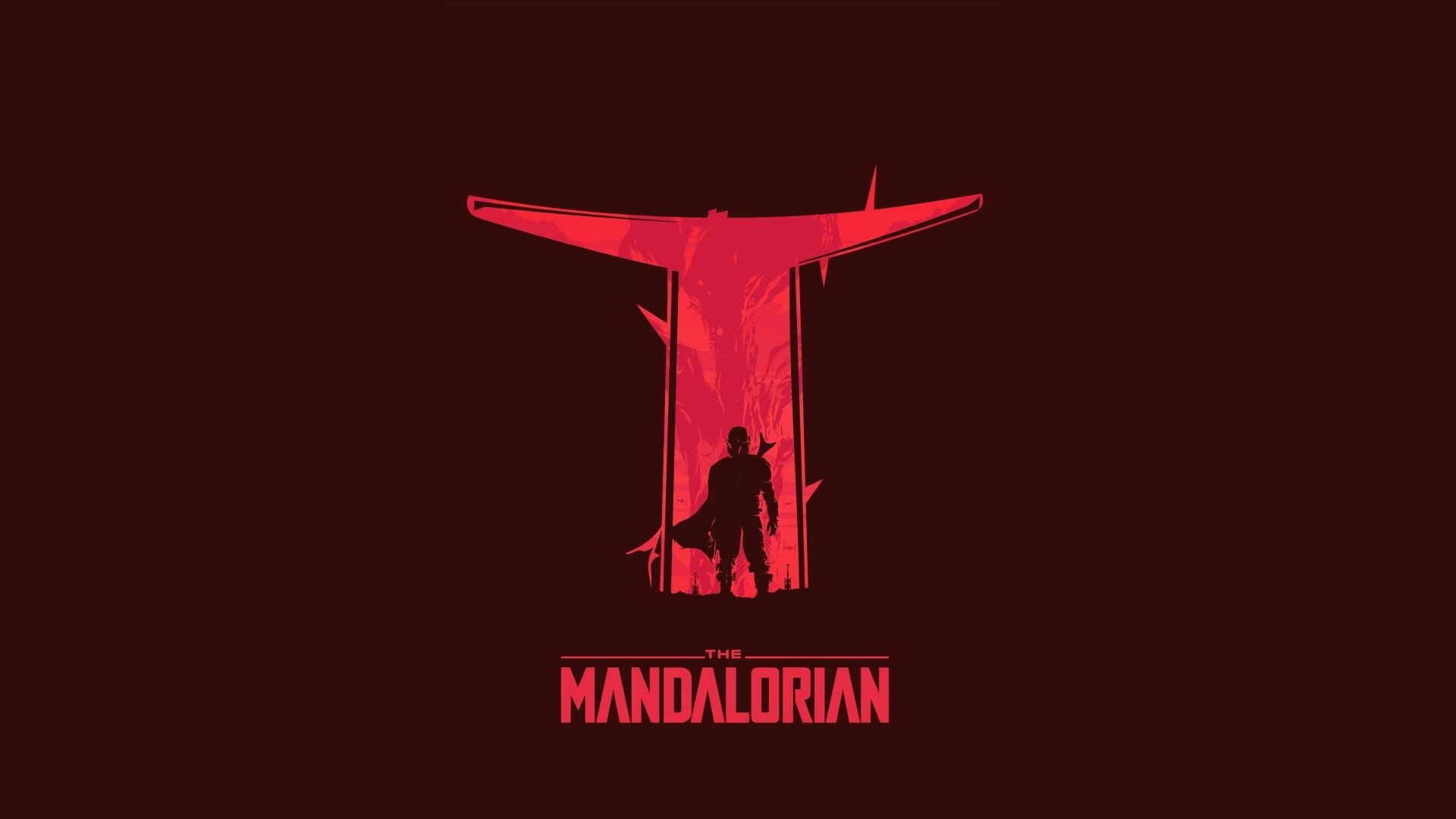 Din Djarin silhouette, Razor Crest ship, The Mandalorian logo, Red minimalist Din Djarin silhouette, Razor Crest ship, The Mandalorian logo, Red minimalist — 1920×1080 HD wallpaper