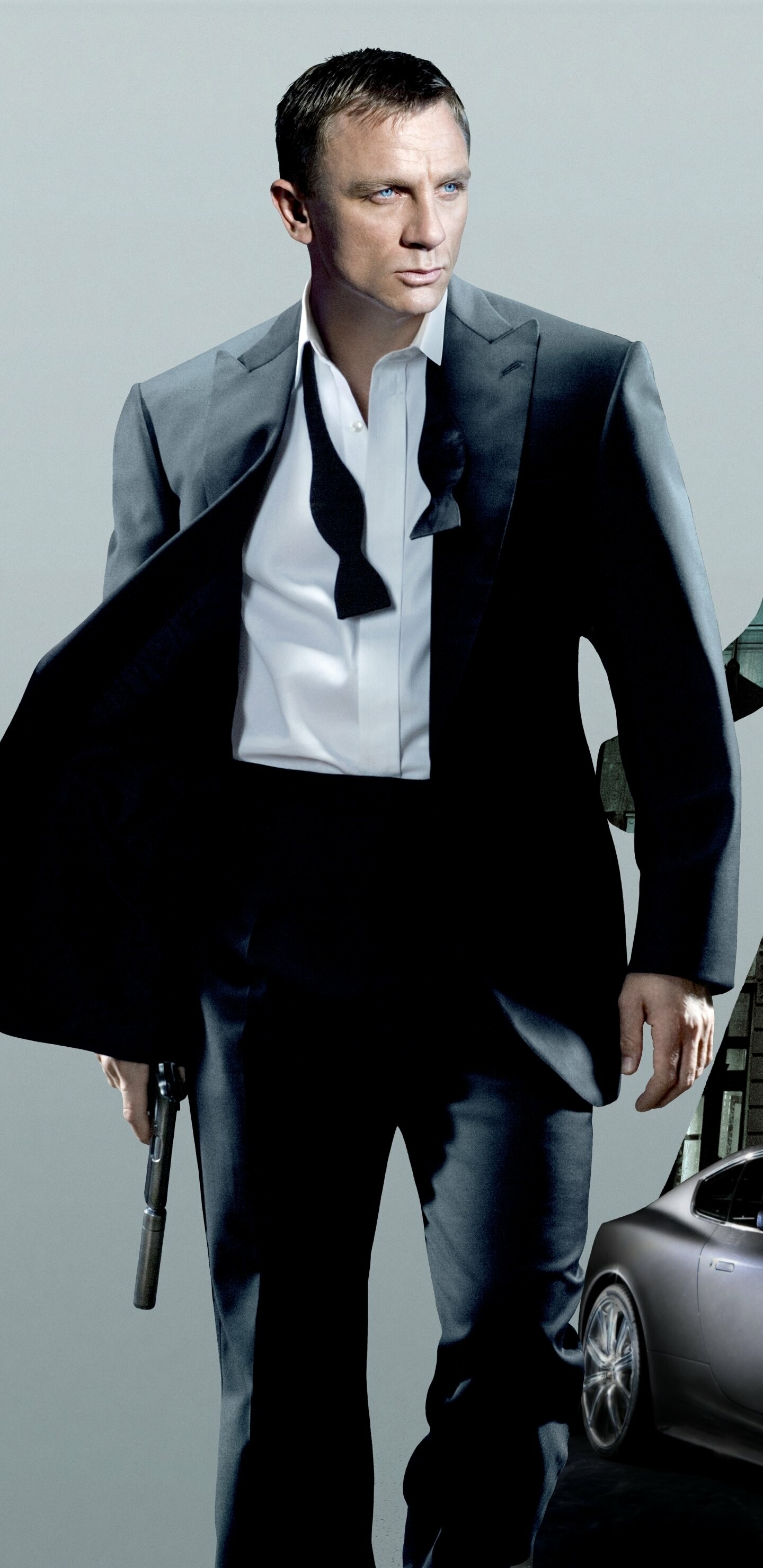 Daniel Craig James Bond, Aston Martin DBS, Black tuxedo undone bowtie, Silenced pistol Daniel Craig James Bond, Aston Martin DBS, Black tuxedo undone bowtie, Silenced pistol — 1440×2960 HD wallpaper